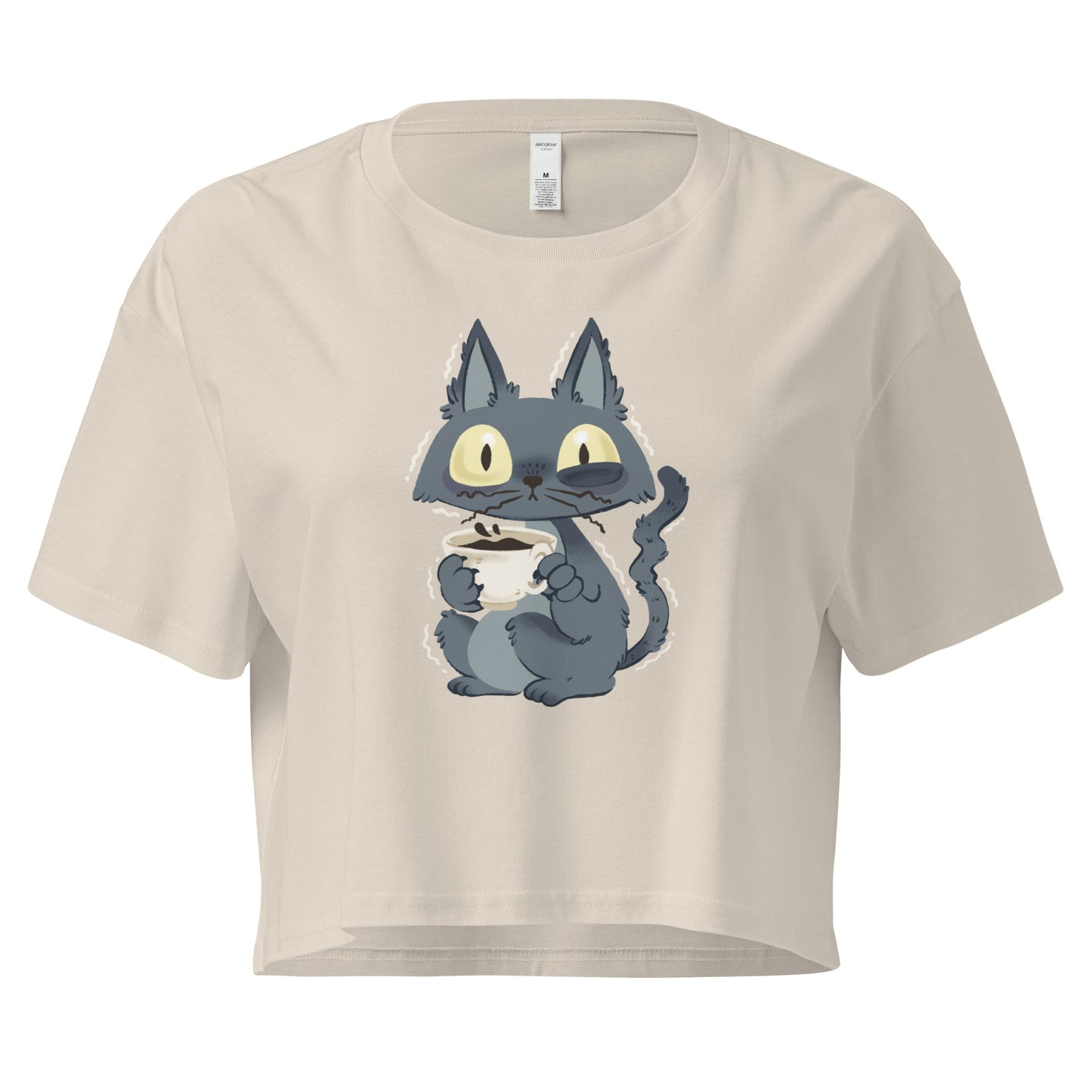 Beige crop top with a jittery cat drinking a cup of coffee