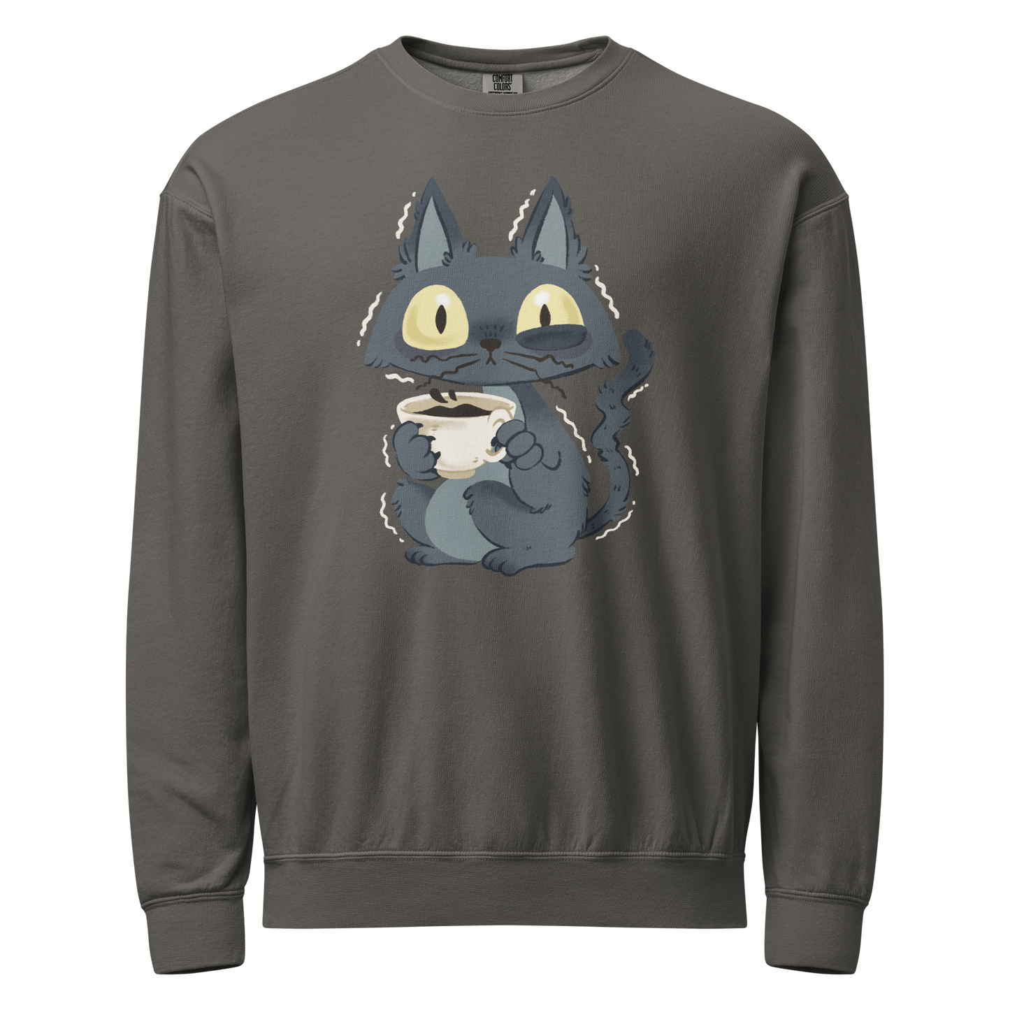 Gray crewneck sweatshirt with a cat holding a cup of coffee design
