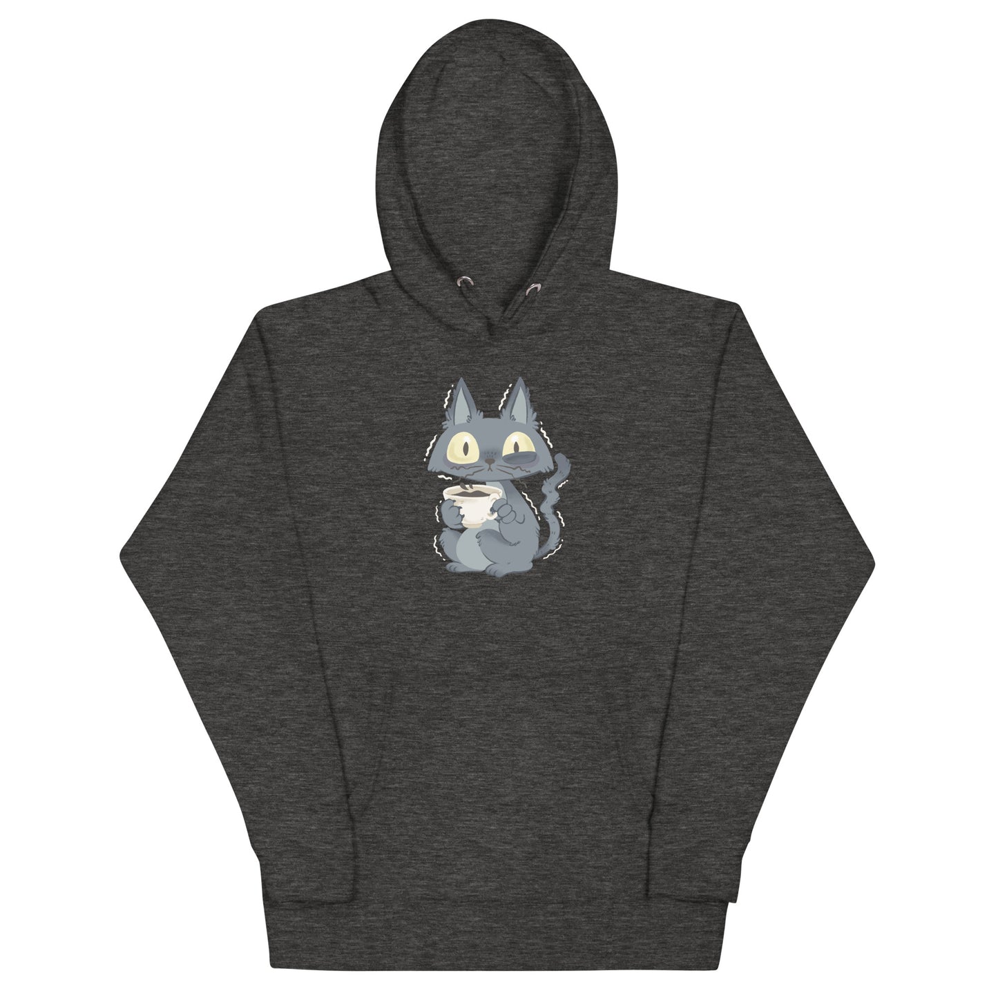 Dark gray heathered hoodie with gray jittery cat drinking coffee design