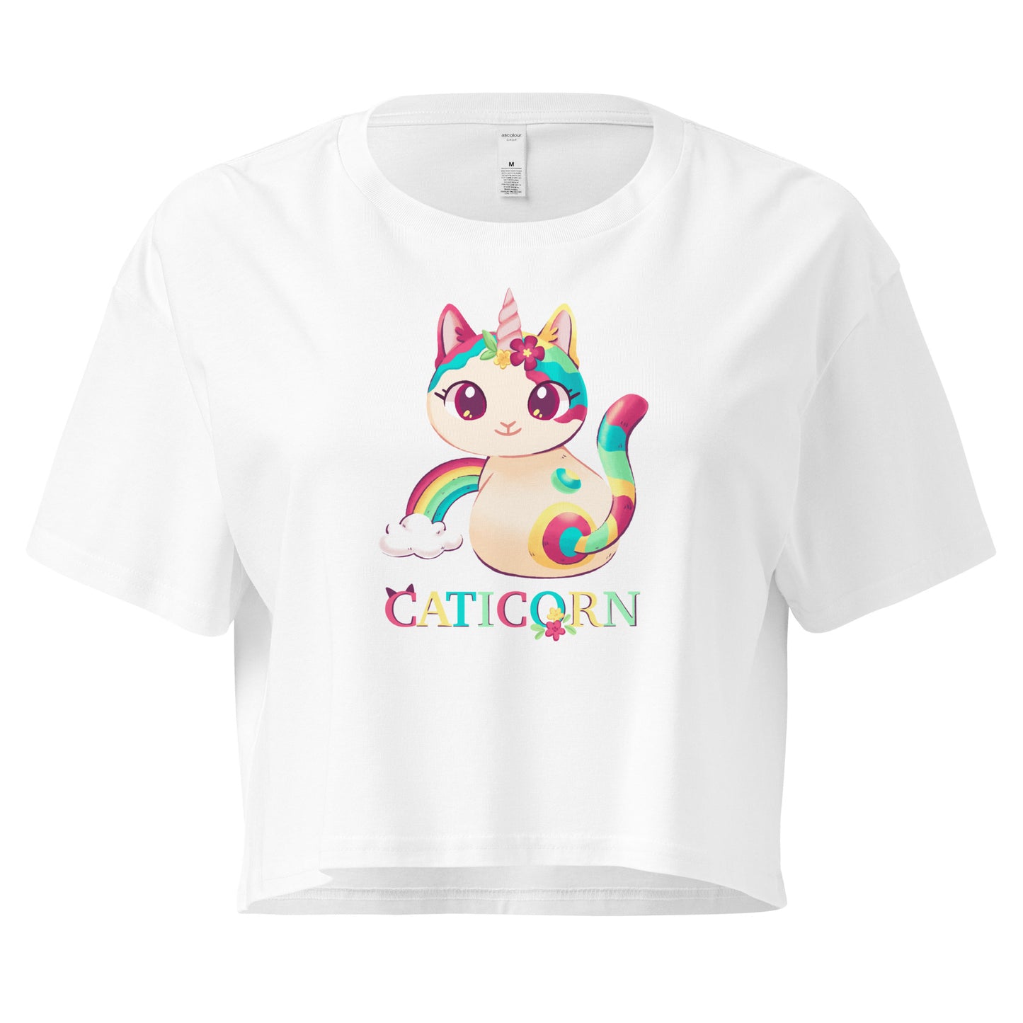 White crop top with colorful cat unicorn with 'Caticorn' text design