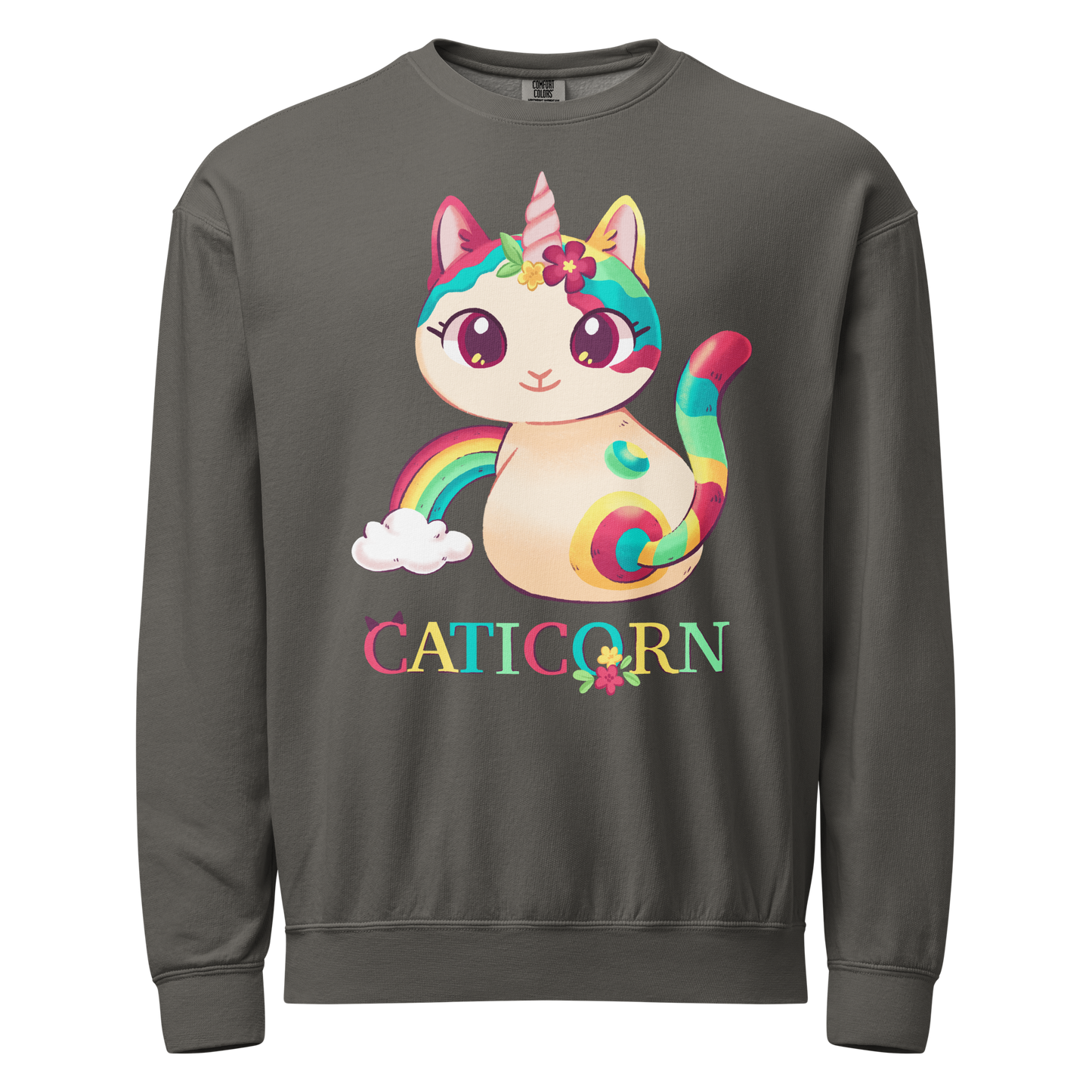 Gray crewneck sweatshirt with a colorful cat unicorn design and 'Caticorn' text