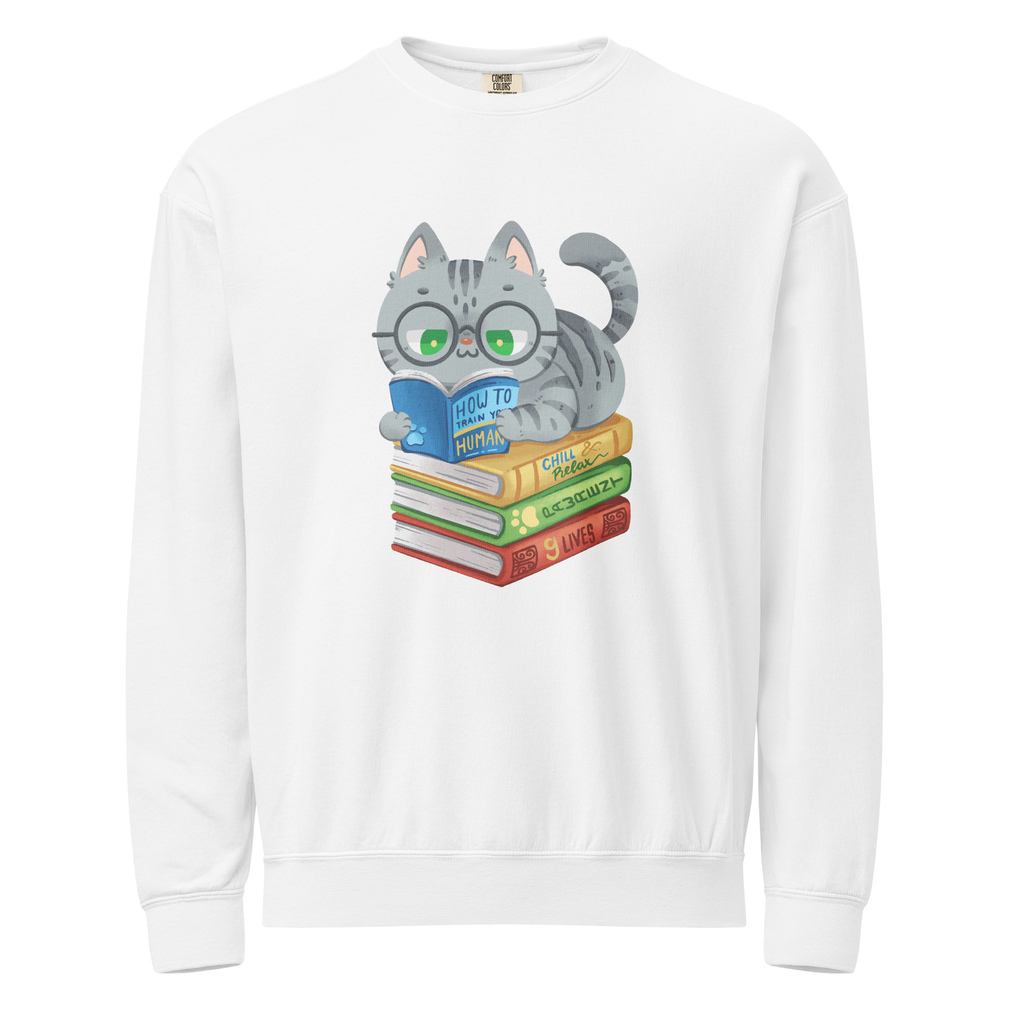 Cat and books crewneck sweatshirt in white with reading cat design