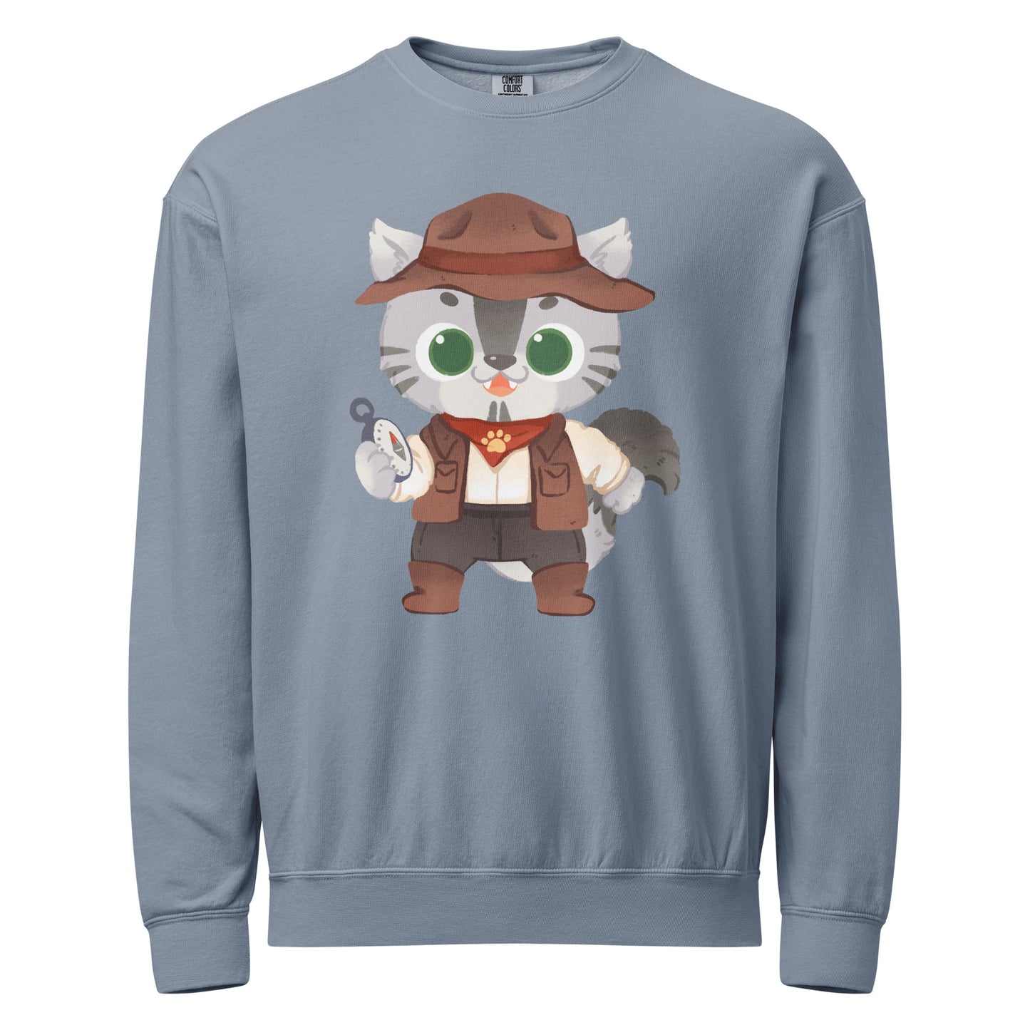 Blue crewneck sweatshirt with adventure cat with compass design