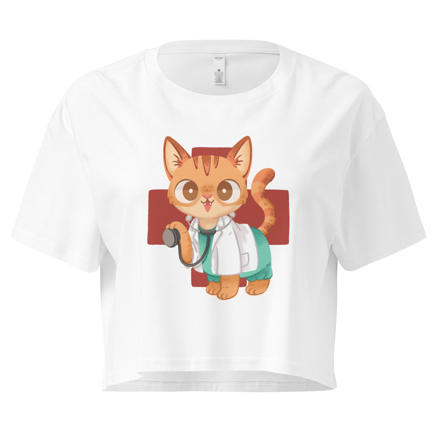 White crop top with cute cat in scrubs healthcare medical inspired graphic design