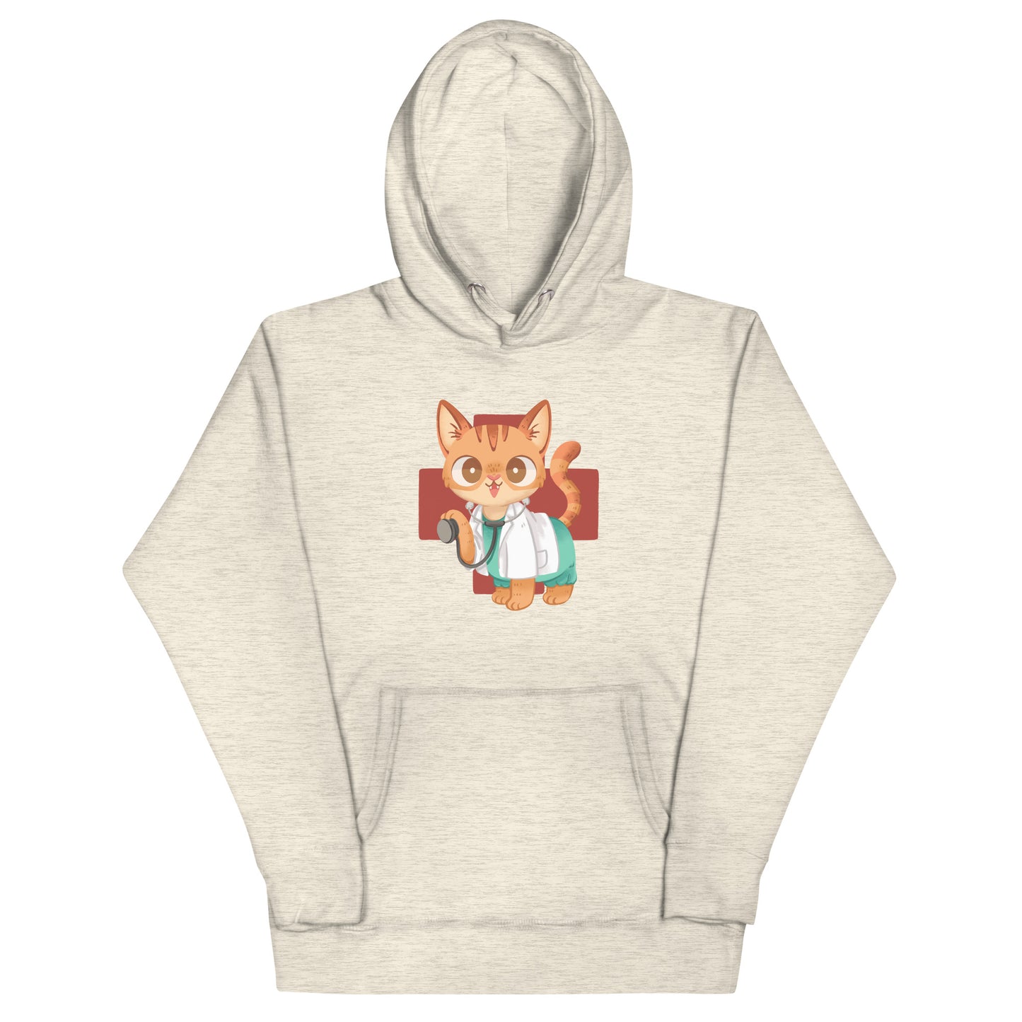 Beige heathered hoodie with cute orange cat in scrubs healthcare inspired graphic design