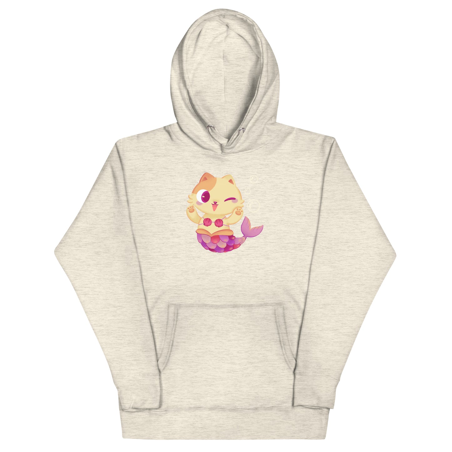 Beige heathered hoodie with cat mermaid and bubbles graphic design