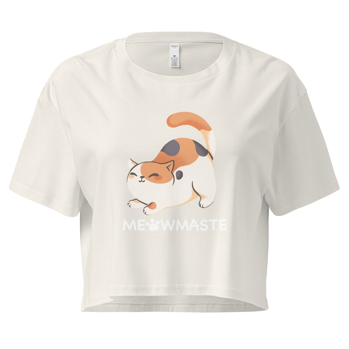 Crop top with cat in yoga pose design with 'Meowmaste' text below