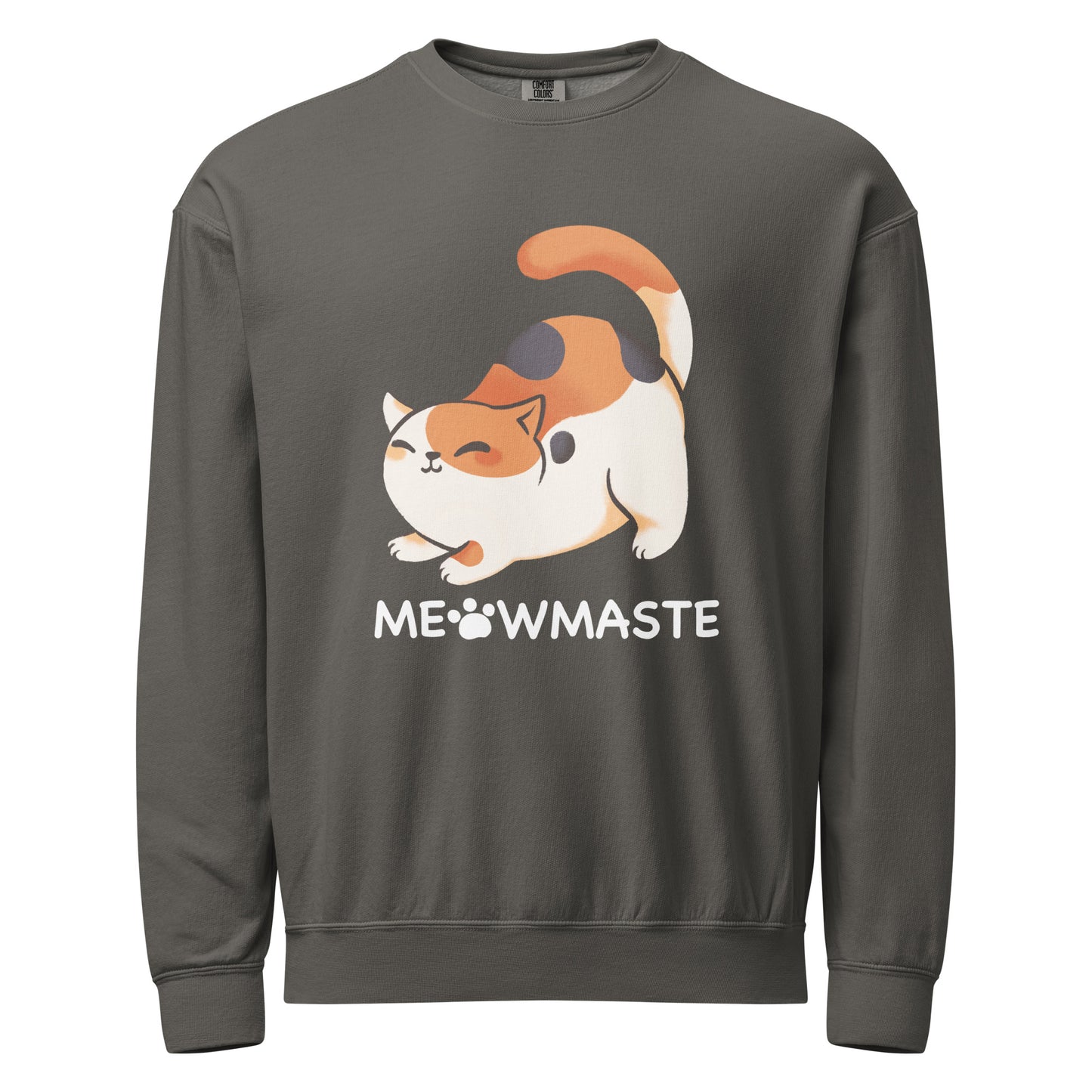Meowmaste cat crewneck sweatshirt in gray with calming yoga-inspired cat design