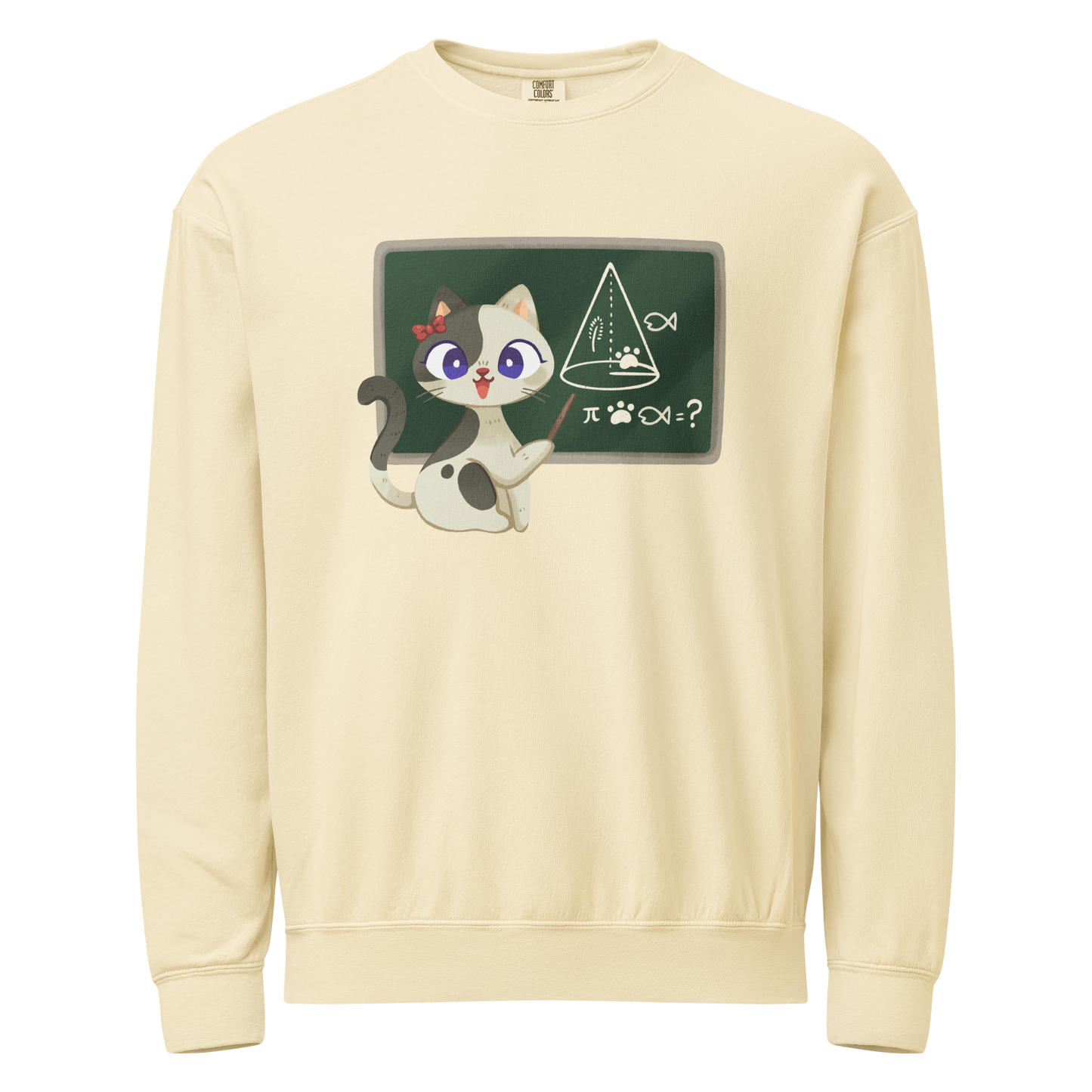 Ivory crewneck sweatshirt with a teacher cat and chalkboard design