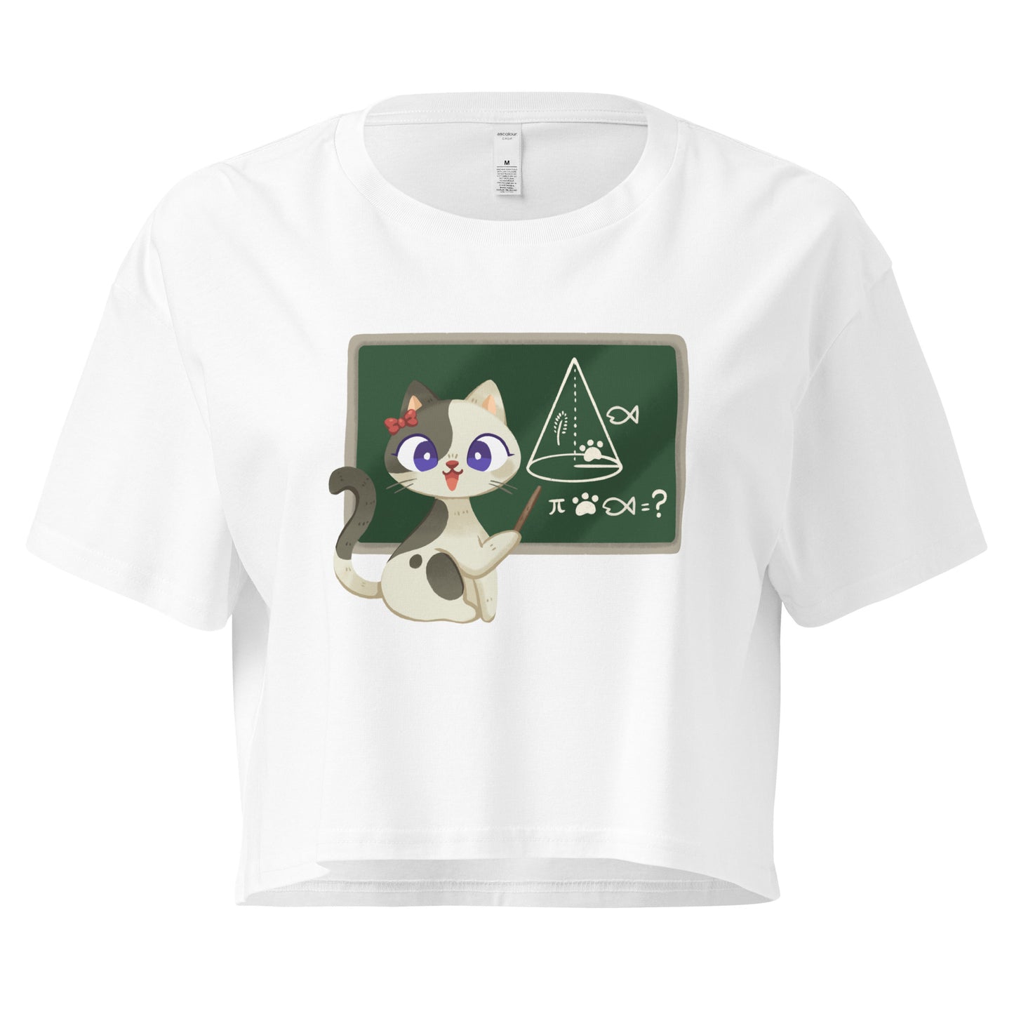 White crop top cat teacher in front of a chalkboard graphic design