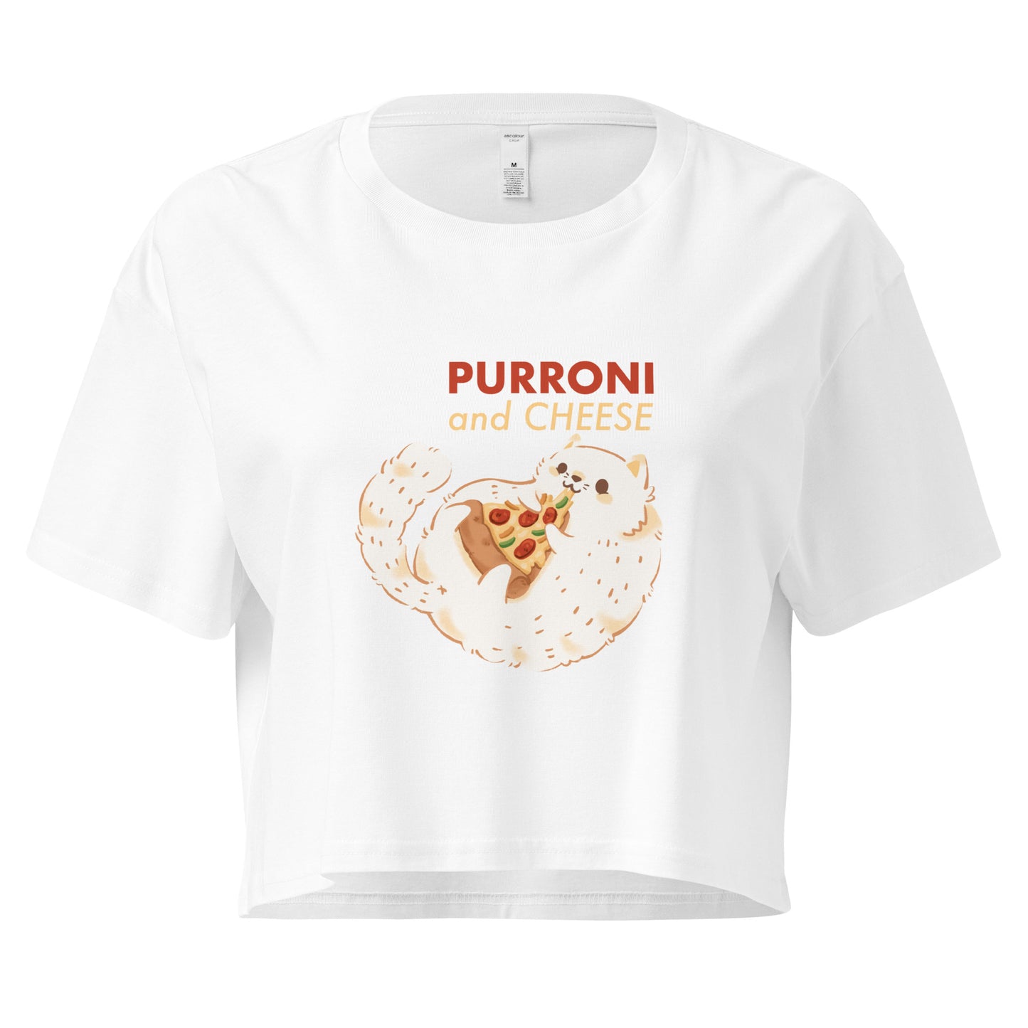 White crop top with a cat eating pizza graphic design and 'PURRONI and CHEESE' text