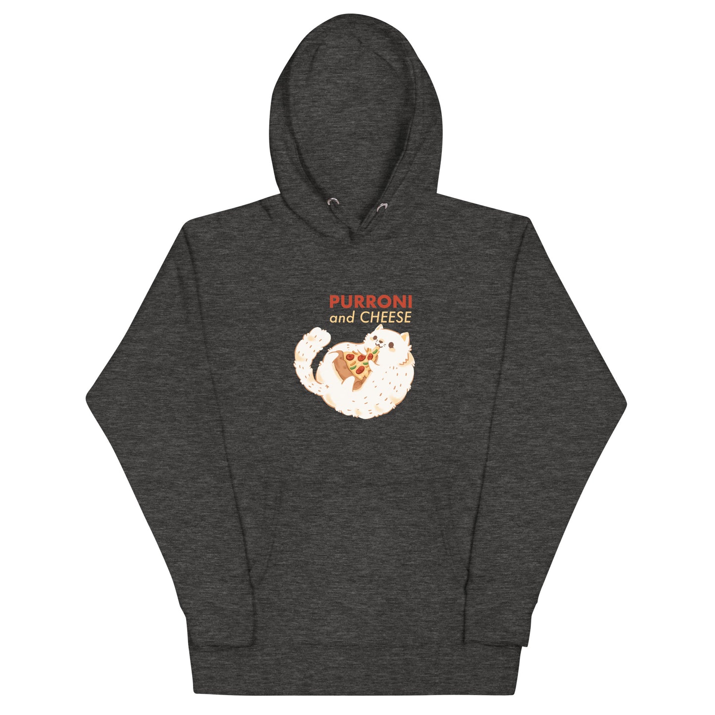 Dark gray heathered hoodie with a cat eating pizza design with 'PURRONI AND CHEESE' text