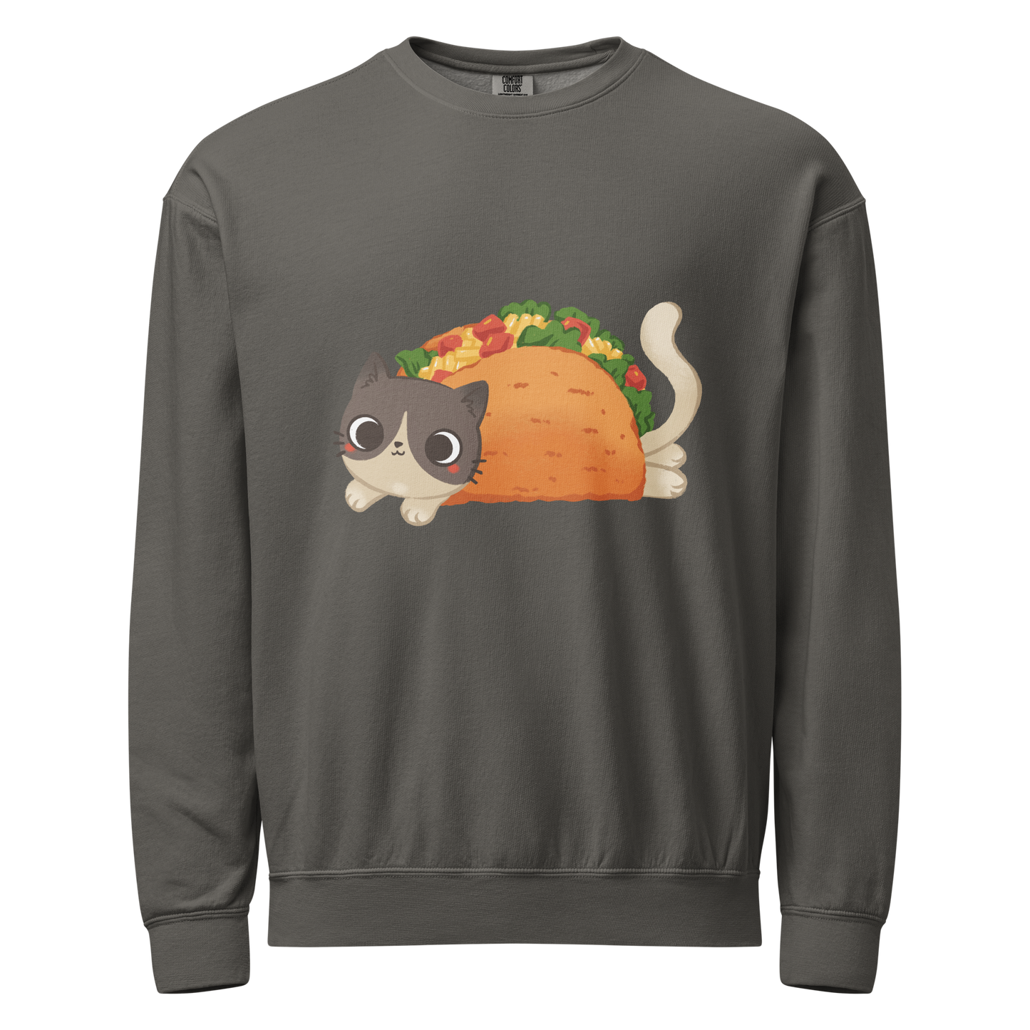 Gray crewneck sweatshirt with a cat in a taco graphic