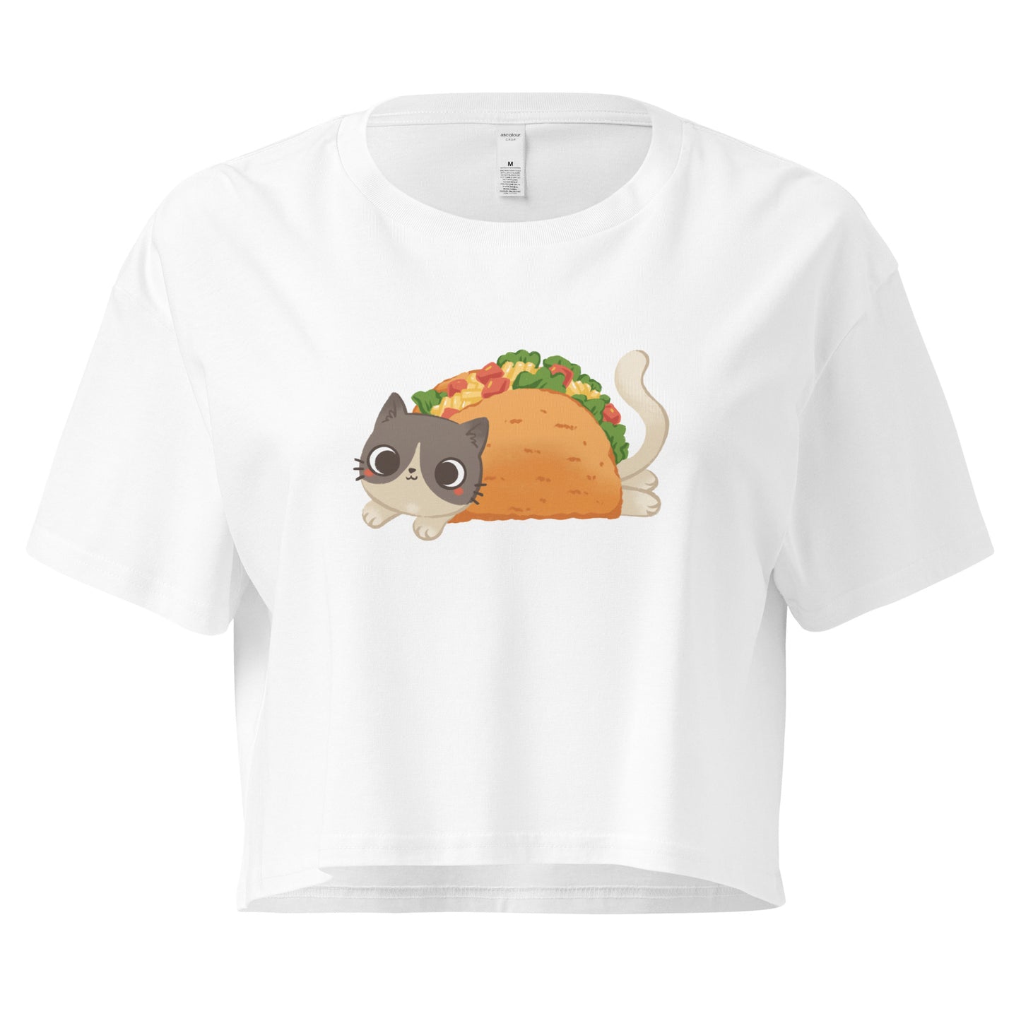 White crop top with a cute cat in a taco graphic design
