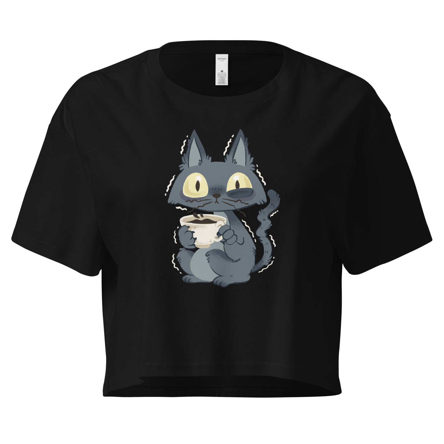 Black crop top with a jittery cat drinking a cup of coffee