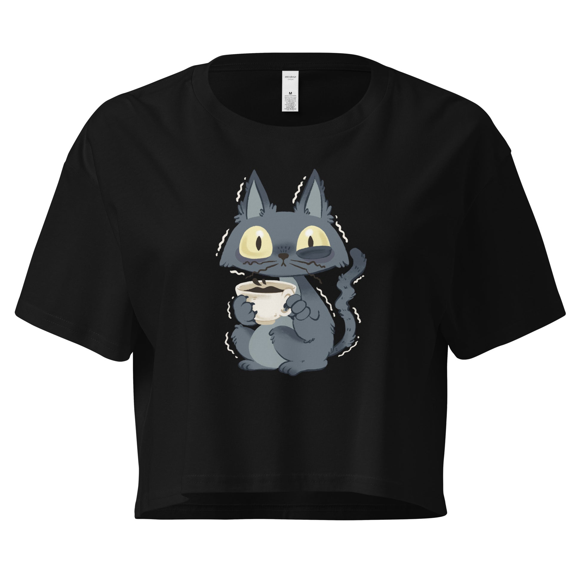Black crop top with a jittery cat drinking a cup of coffee
