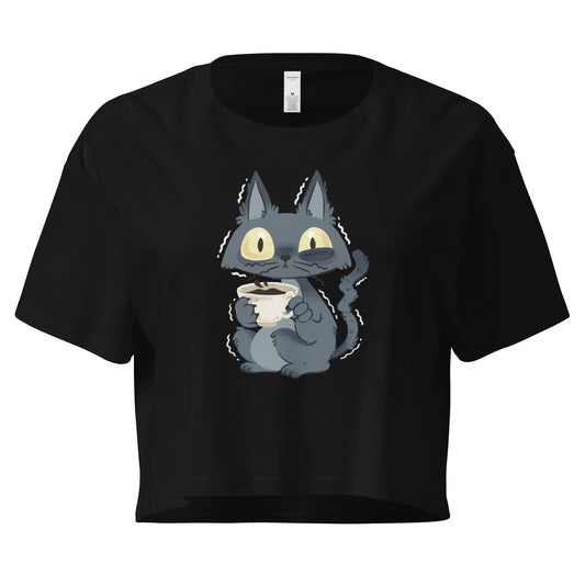 Black crop top with a jittery cat drinking a cup of coffee
