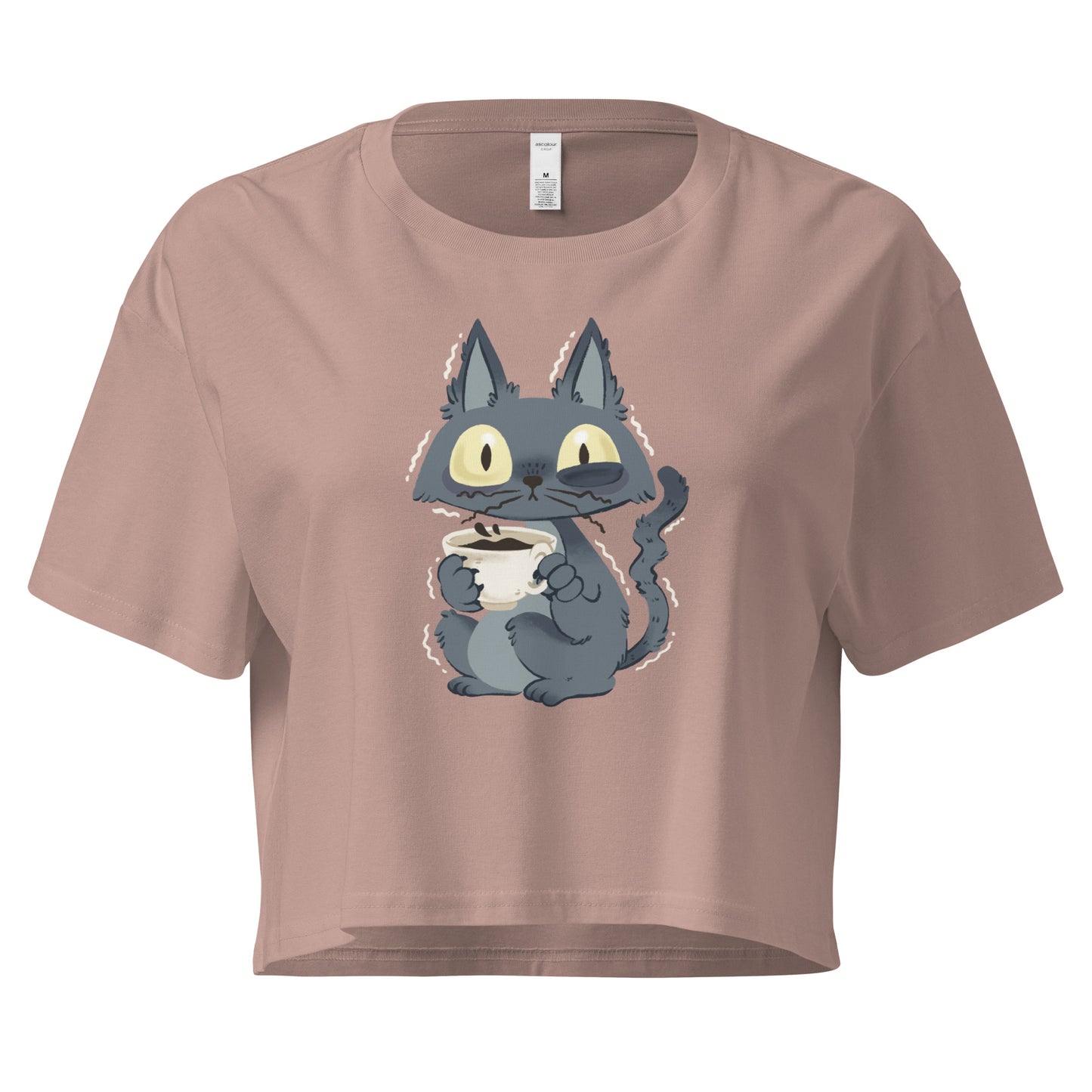 Crop top with a jittery cat drinking a cup of coffee