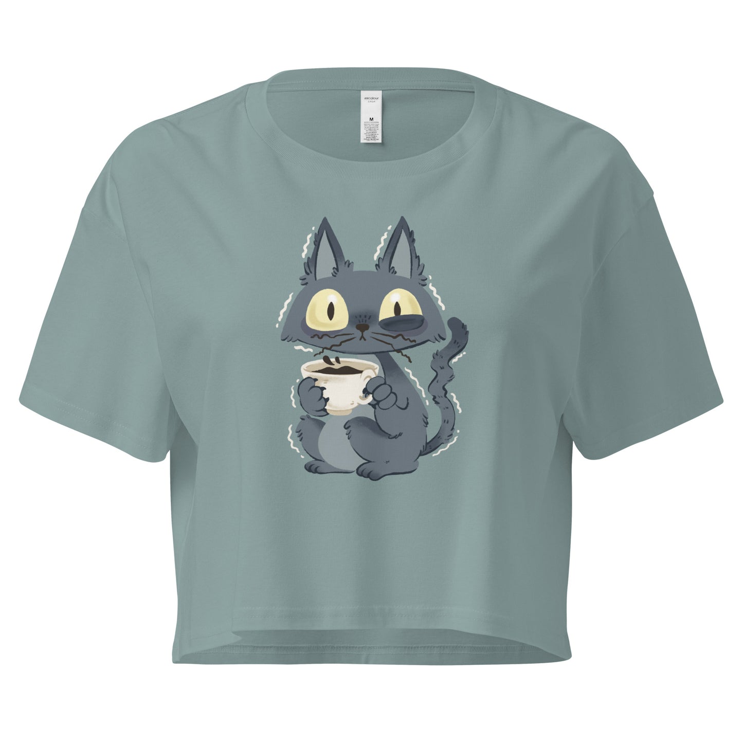 Crop top with a jittery cat drinking a cup of coffee