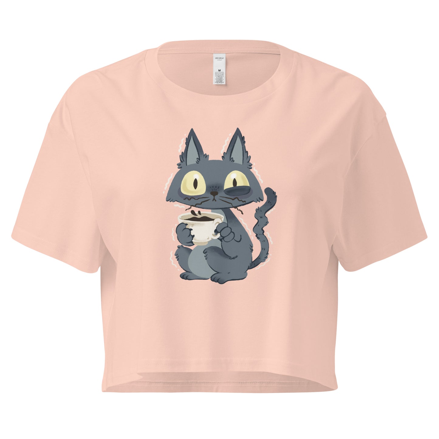 Peach crop top with a jittery cat drinking a cup of coffee