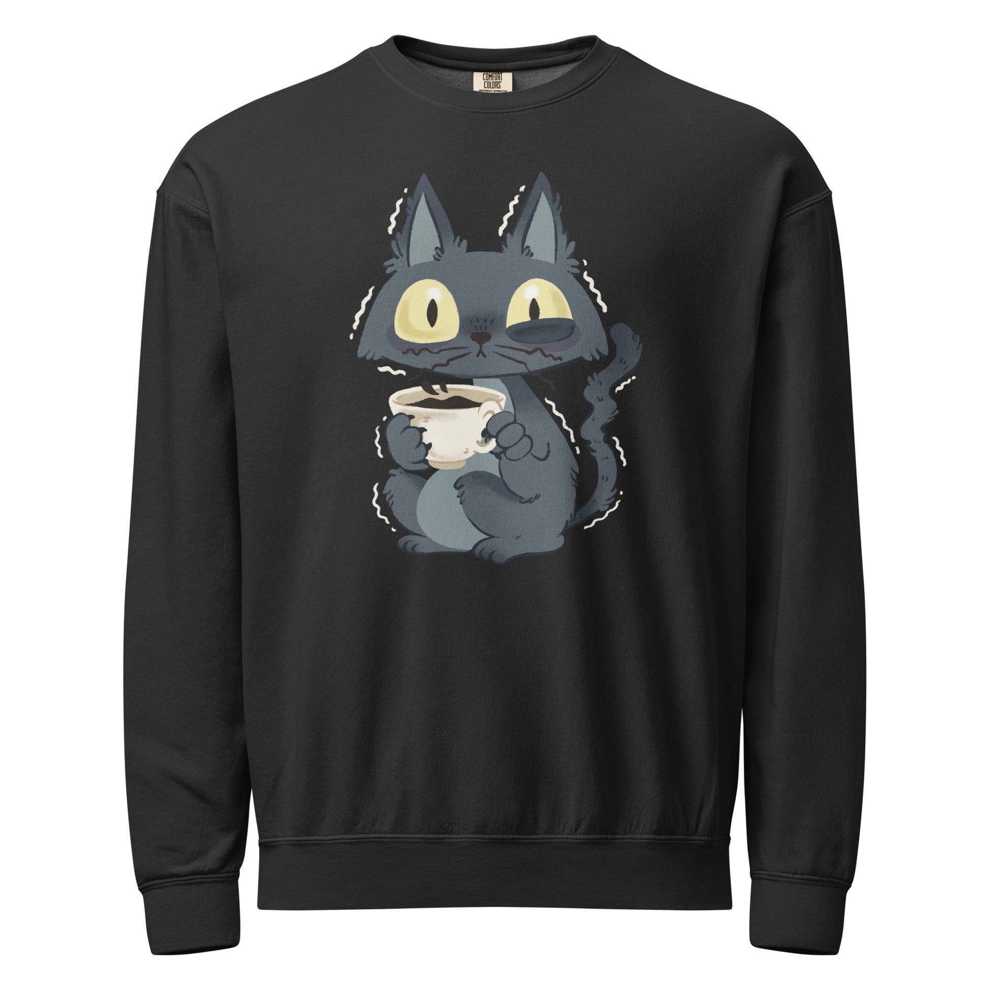 Black crewneck sweatshirt with a cat holding a cup of coffee design