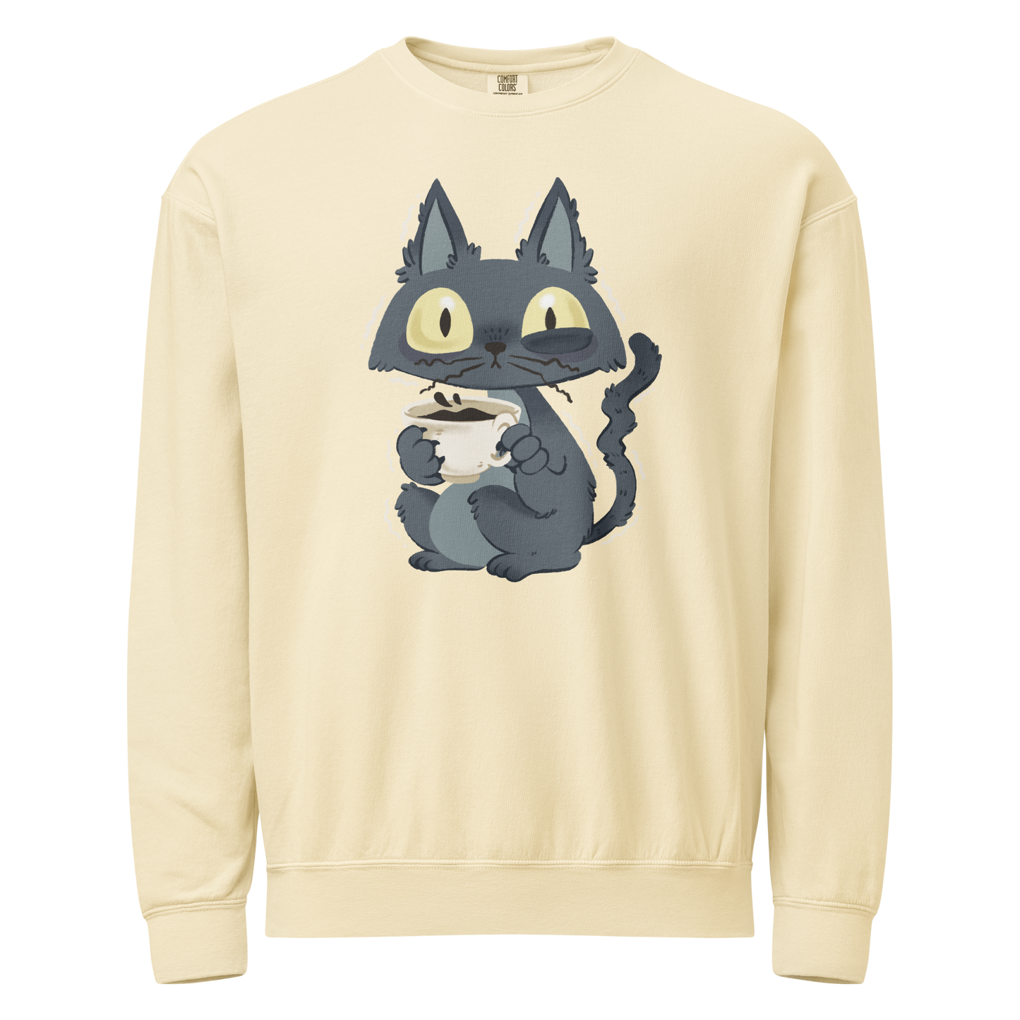 Ivory crewneck sweatshirt with a cat holding a cup of coffee design