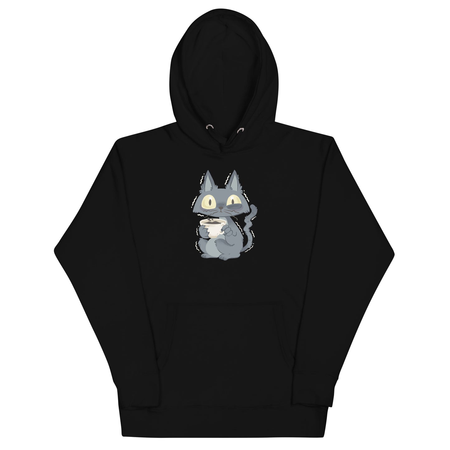Black hoodie with gray jittery cat drinking coffee design