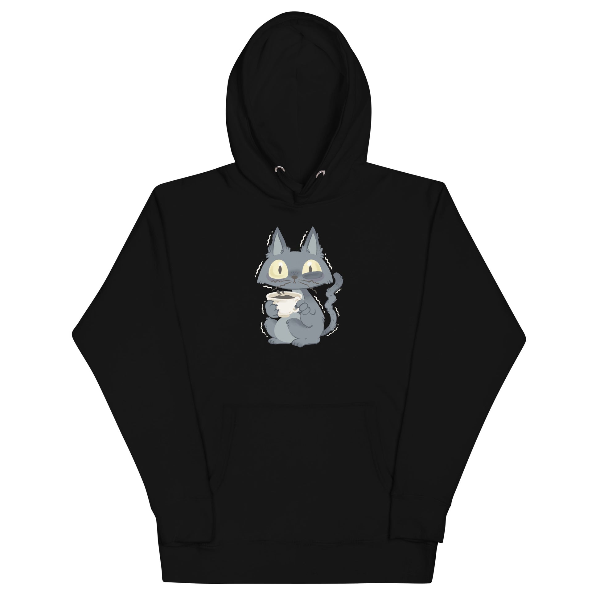 Black hoodie with gray jittery cat drinking coffee design