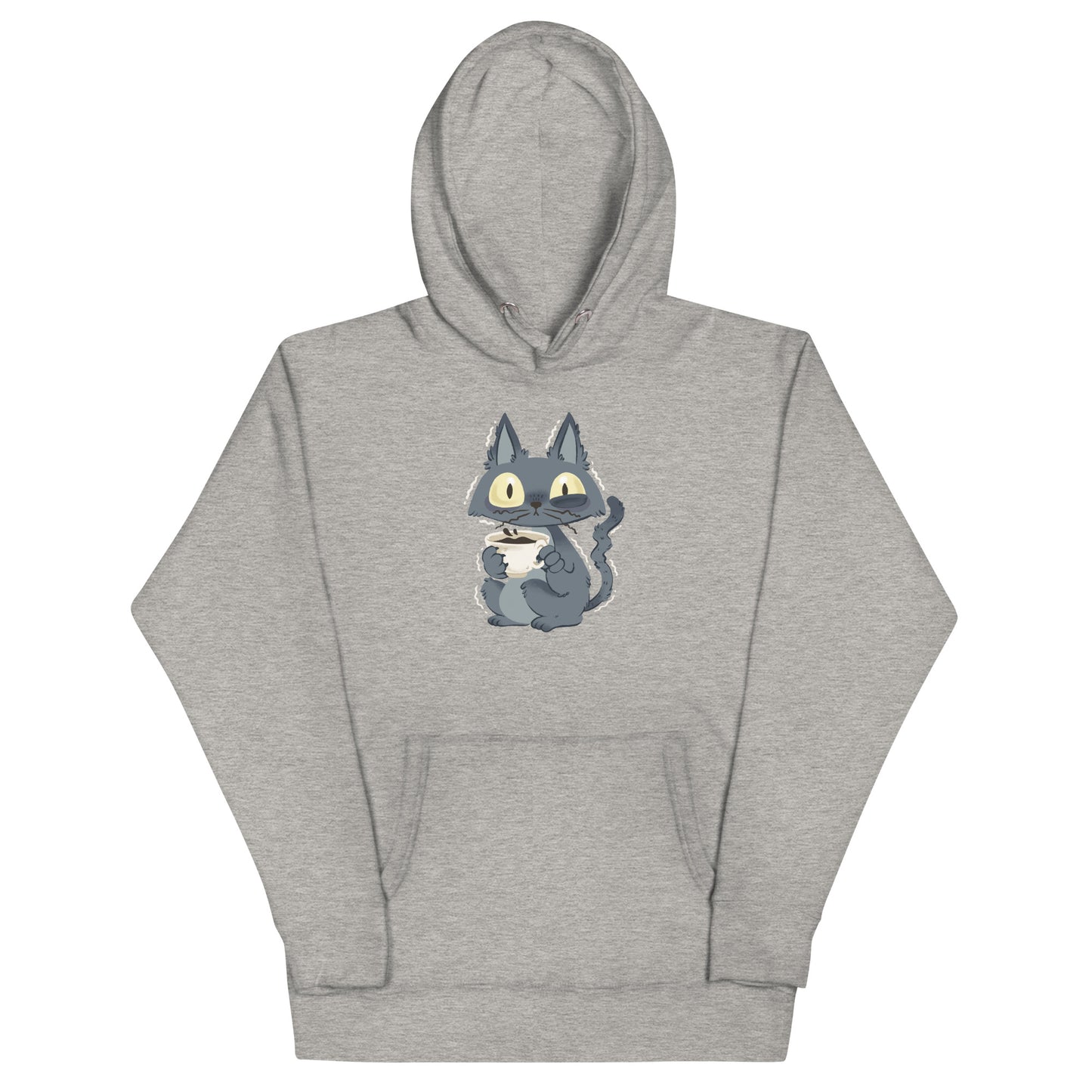 Light gray heathered hoodie with gray jittery cat drinking coffee design