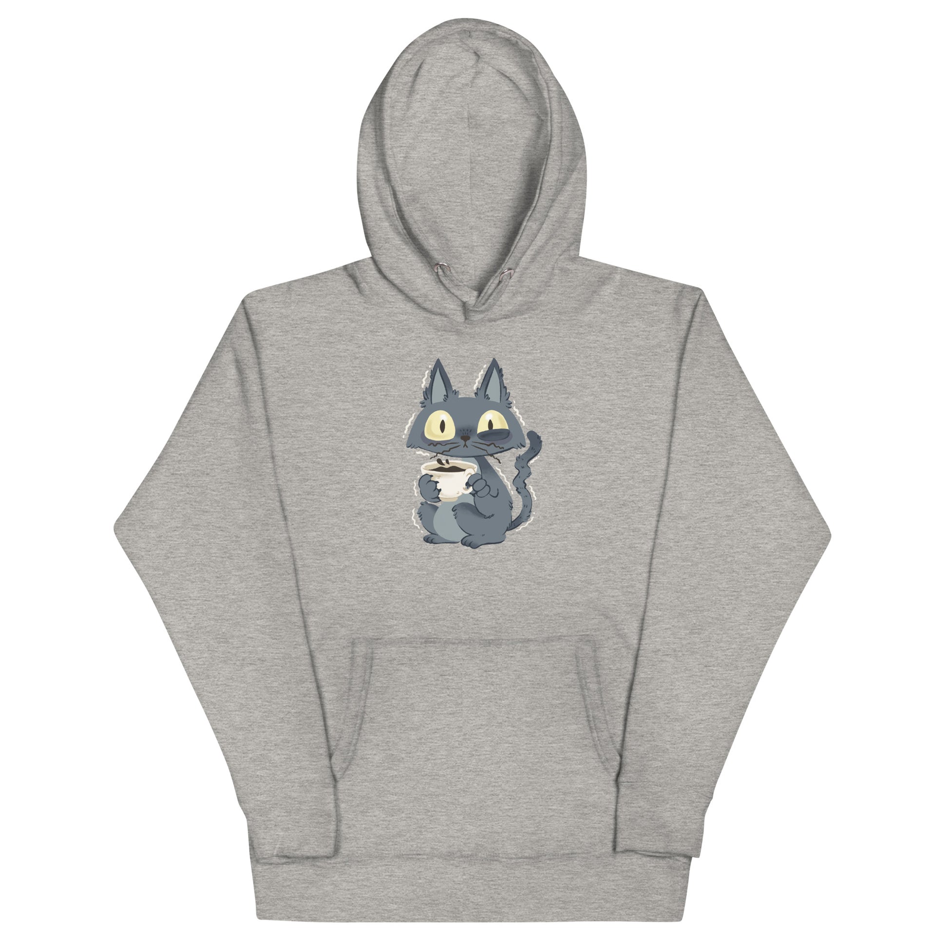 Light gray heathered hoodie with gray jittery cat drinking coffee design