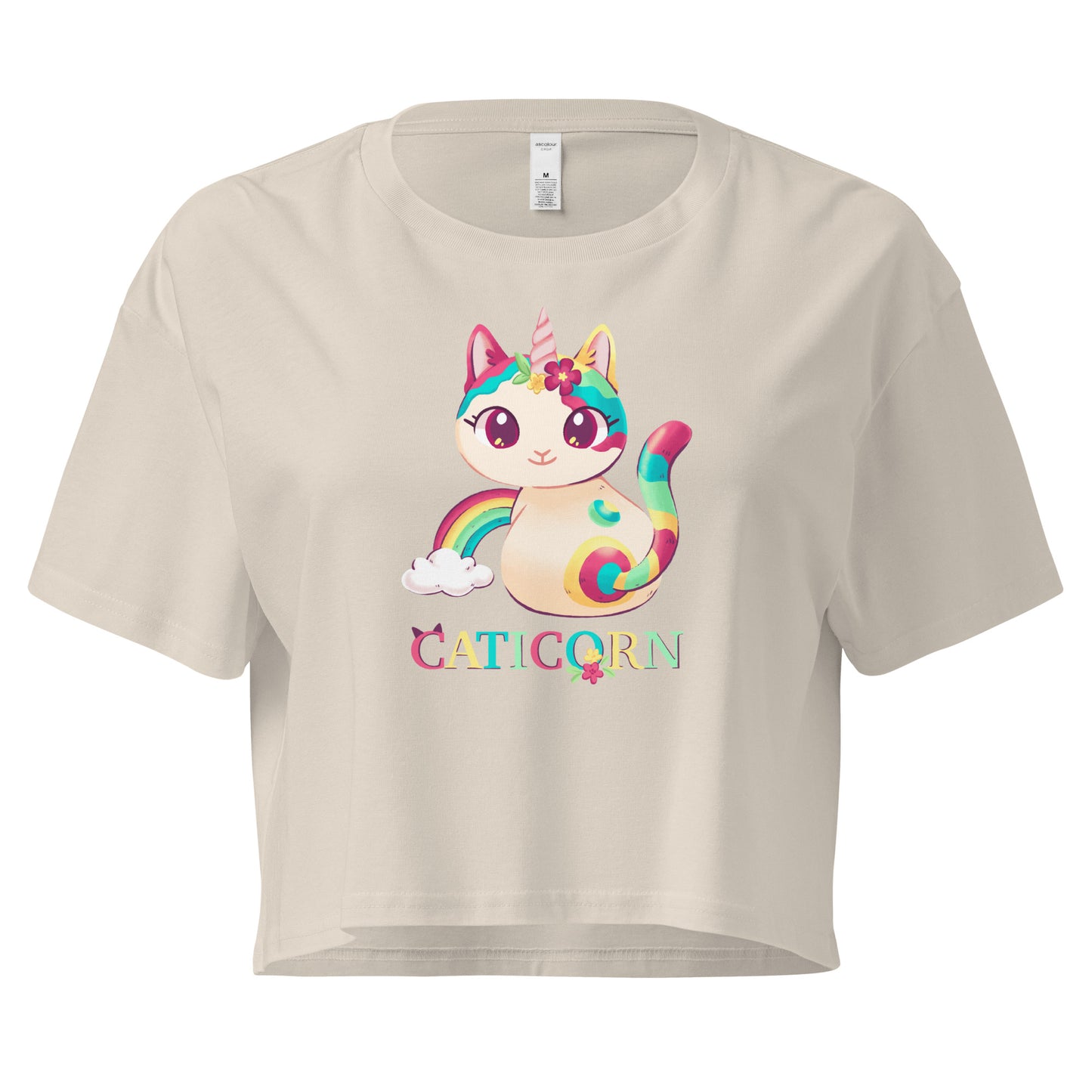 Beige crop top with colorful cat unicorn with 'Caticorn' text design
