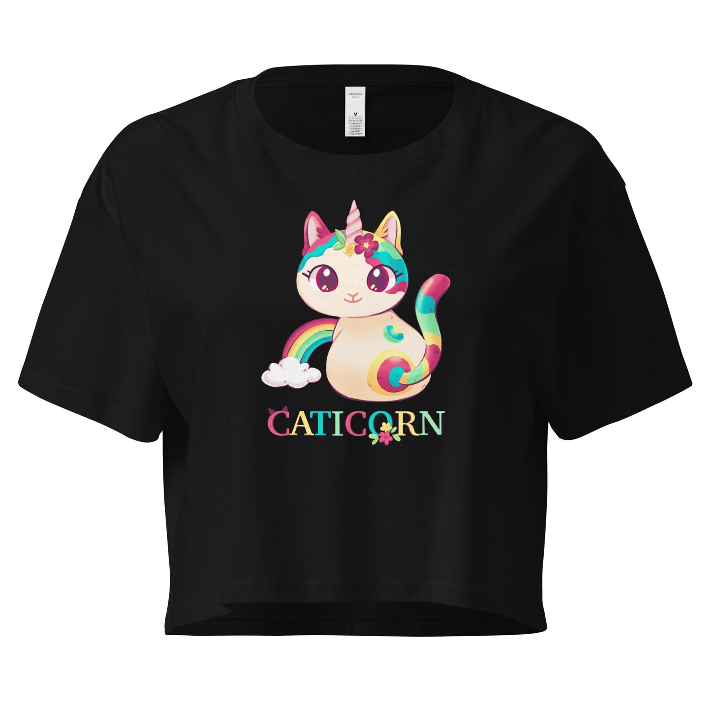 Black crop top with colorful cat unicorn with 'Caticorn' text design