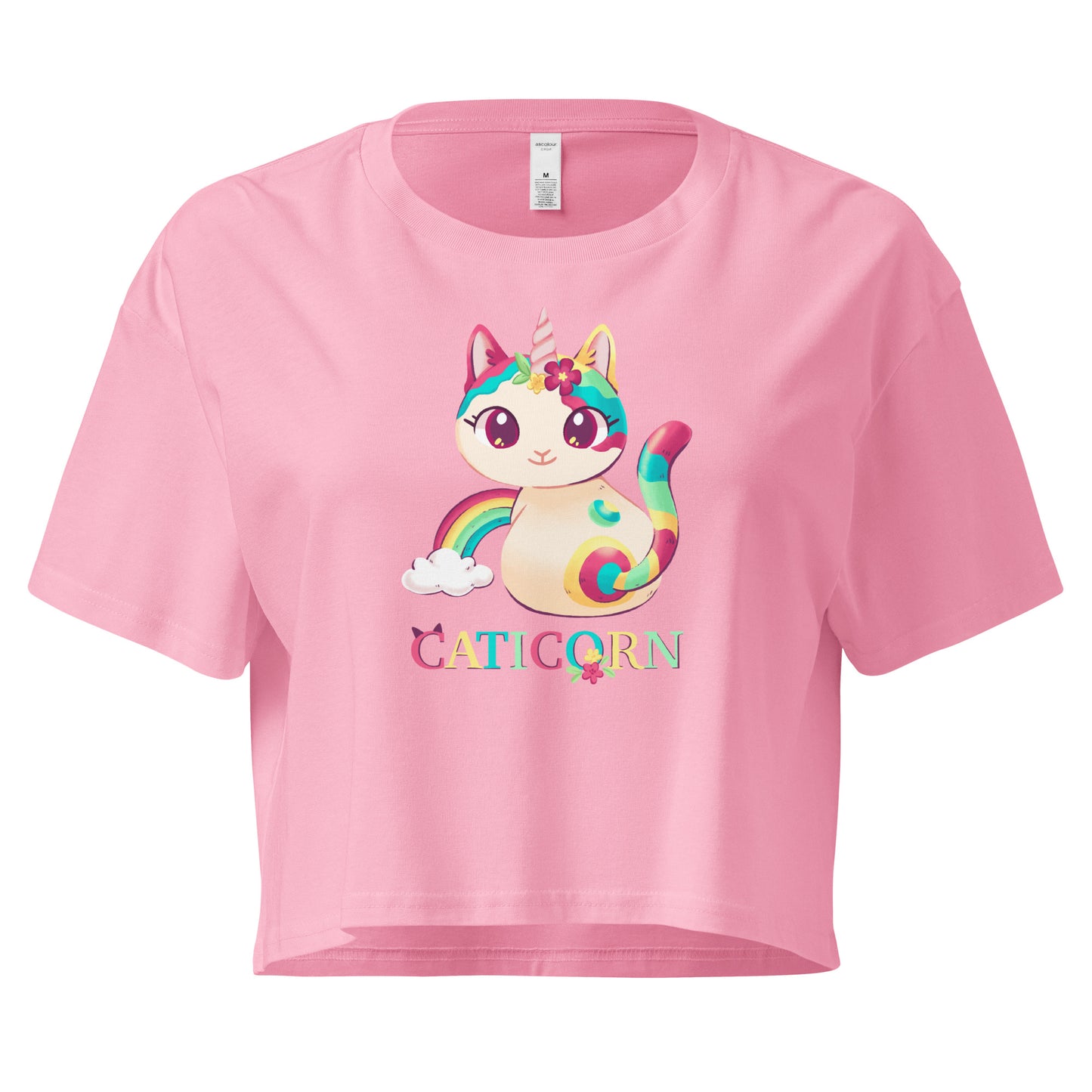 Pink crop top with colorful cat unicorn with 'Caticorn' text design