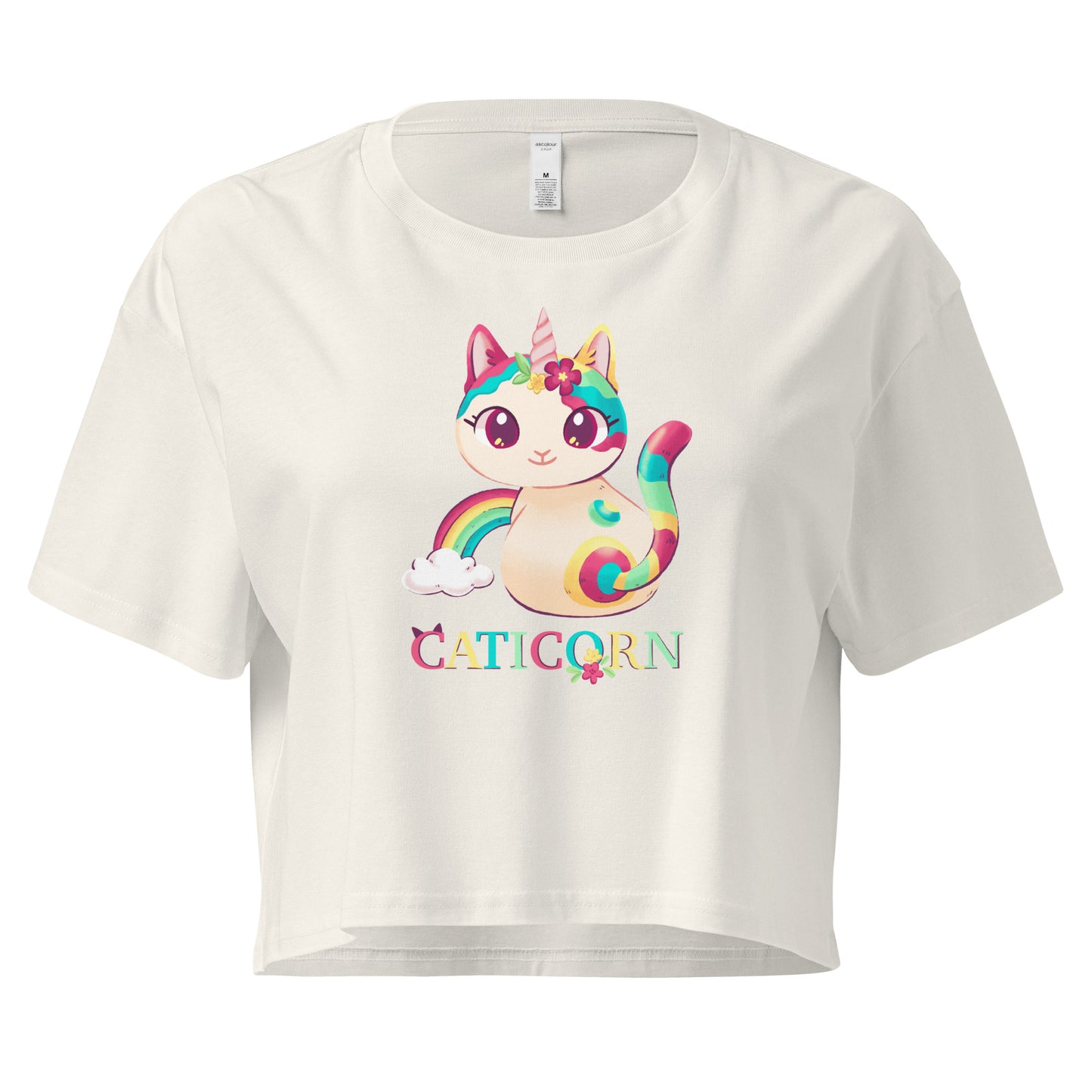 Crop top with colorful cat unicorn with 'Caticorn' text design