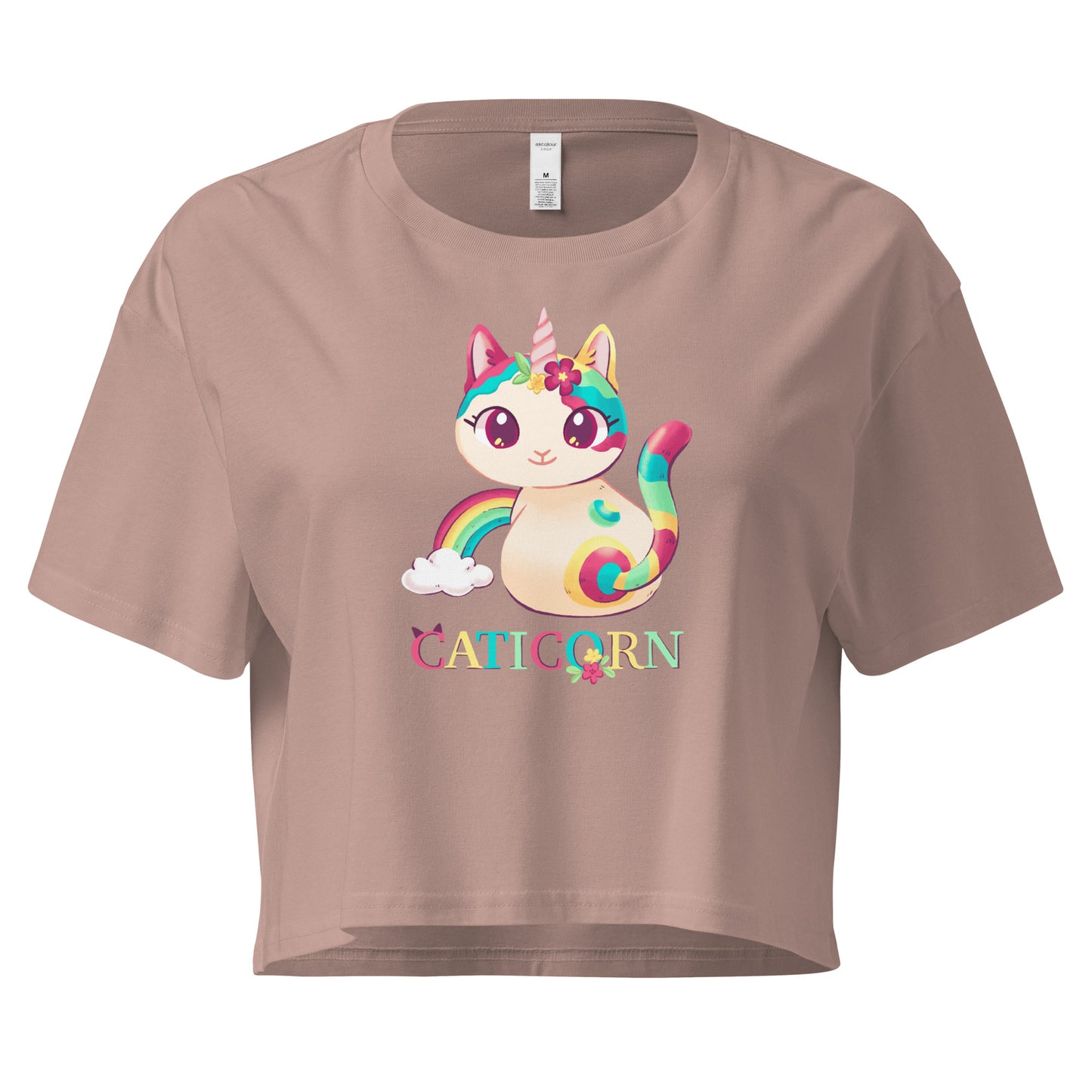 Crop top with colorful cat unicorn with 'Caticorn' text design