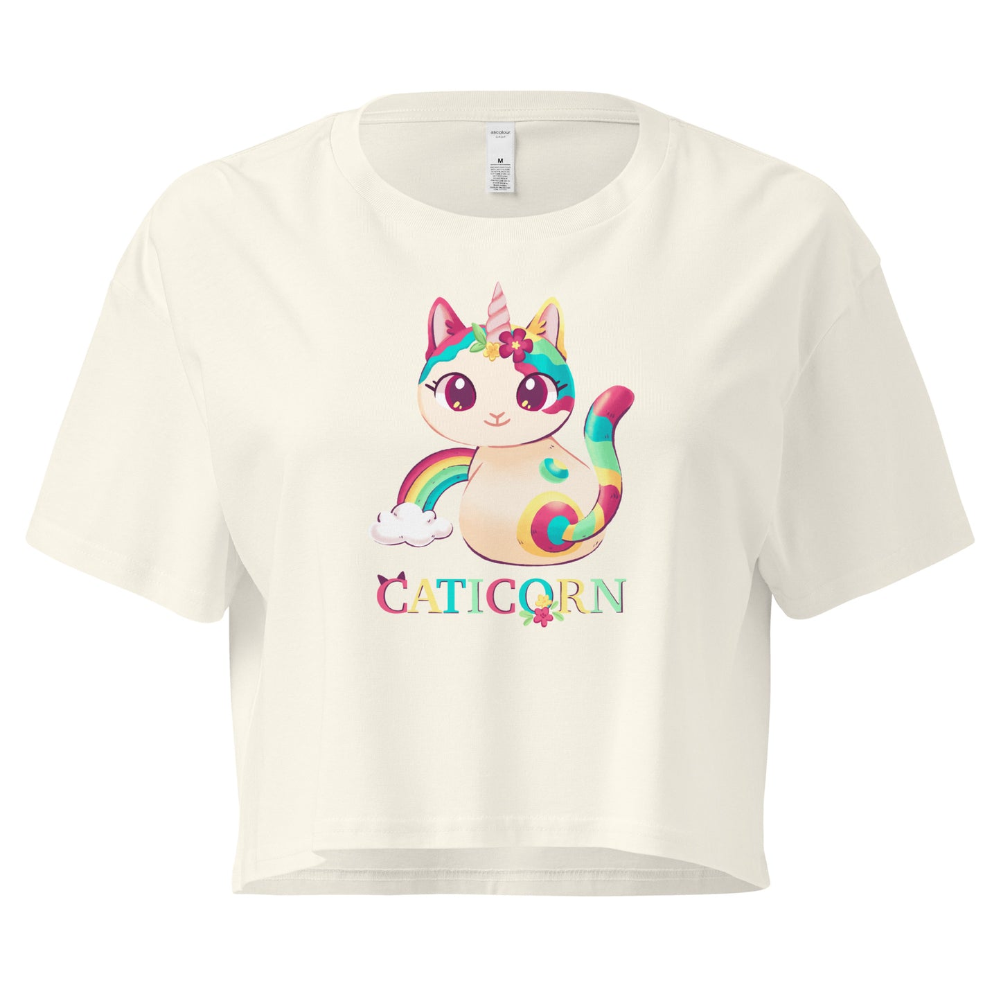 Crop top with colorful cat unicorn with 'Caticorn' text design