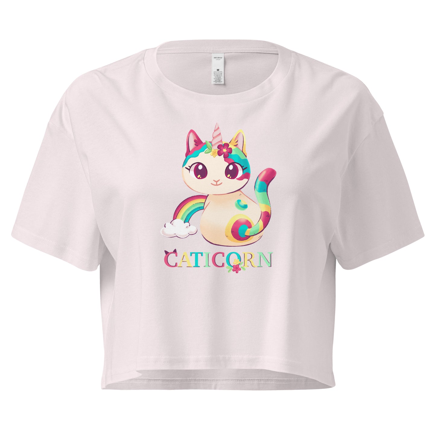 Crop top with colorful cat unicorn with 'Caticorn' text design