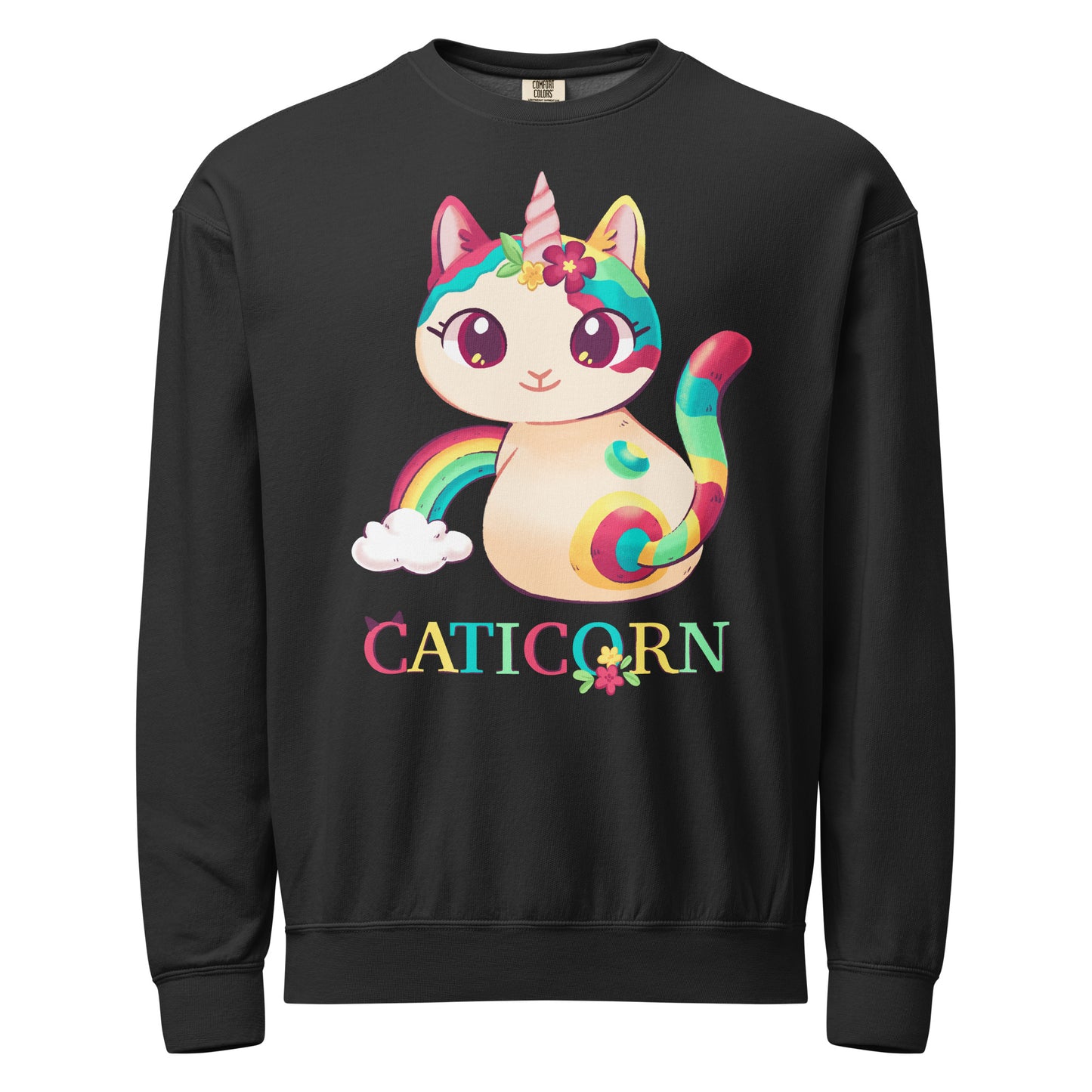 Black crewneck sweatshirt with a colorful cat unicorn design and 'Caticorn' text 