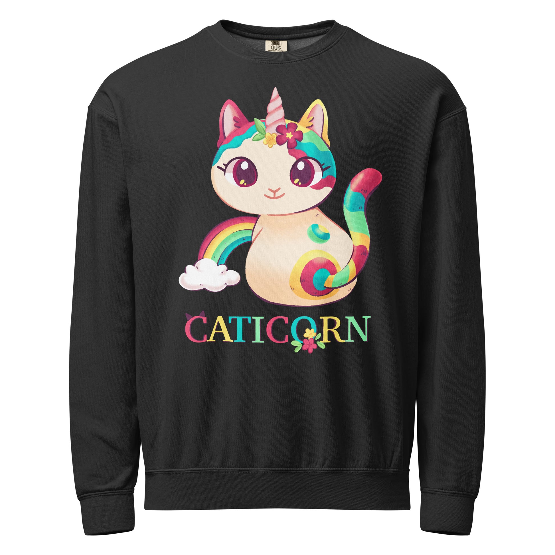 Black crewneck sweatshirt with a colorful cat unicorn design and 'Caticorn' text 