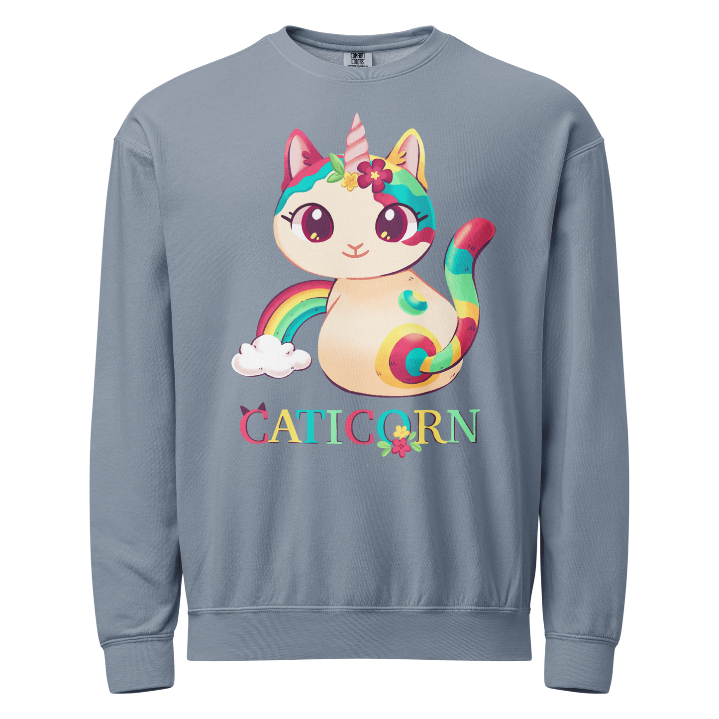 Blue crewneck sweatshirt with a colorful cat unicorn design and 'Caticorn' text 