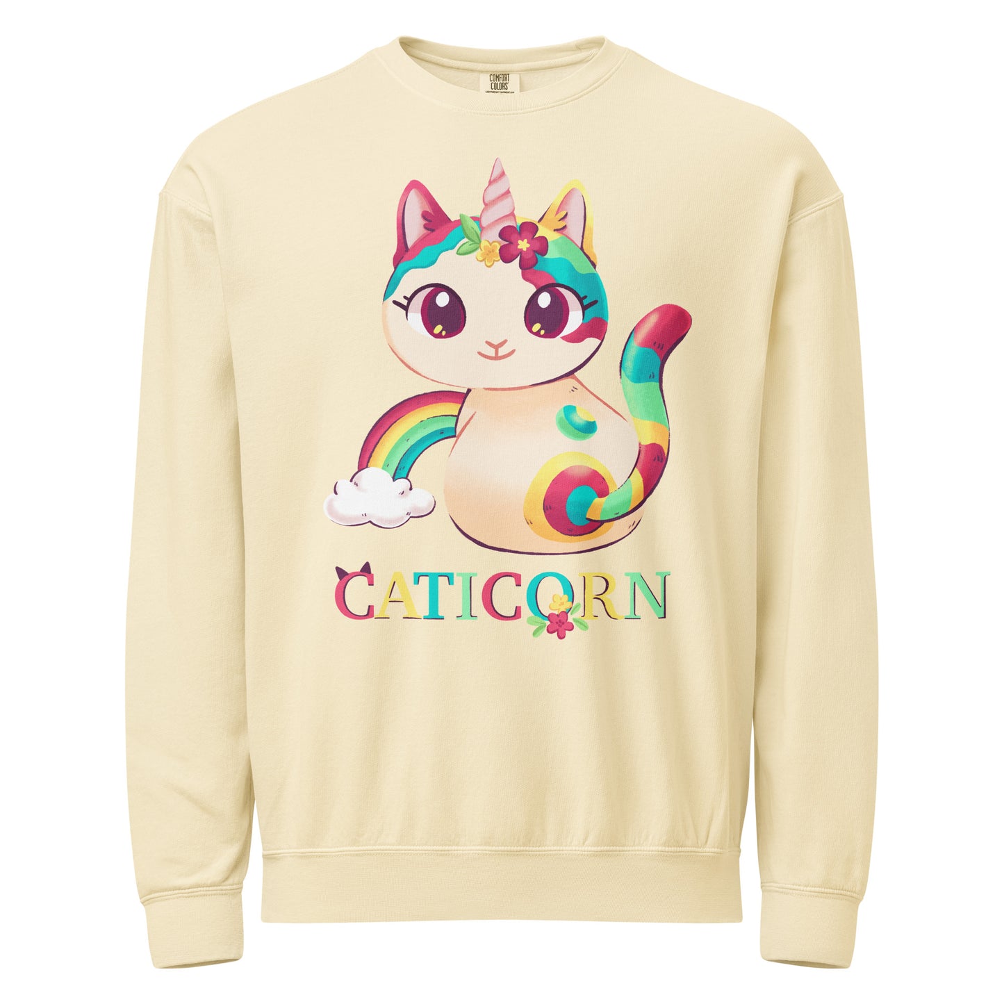Ivory crewneck sweatshirt with a colorful cat unicorn design and 'Caticorn' text 