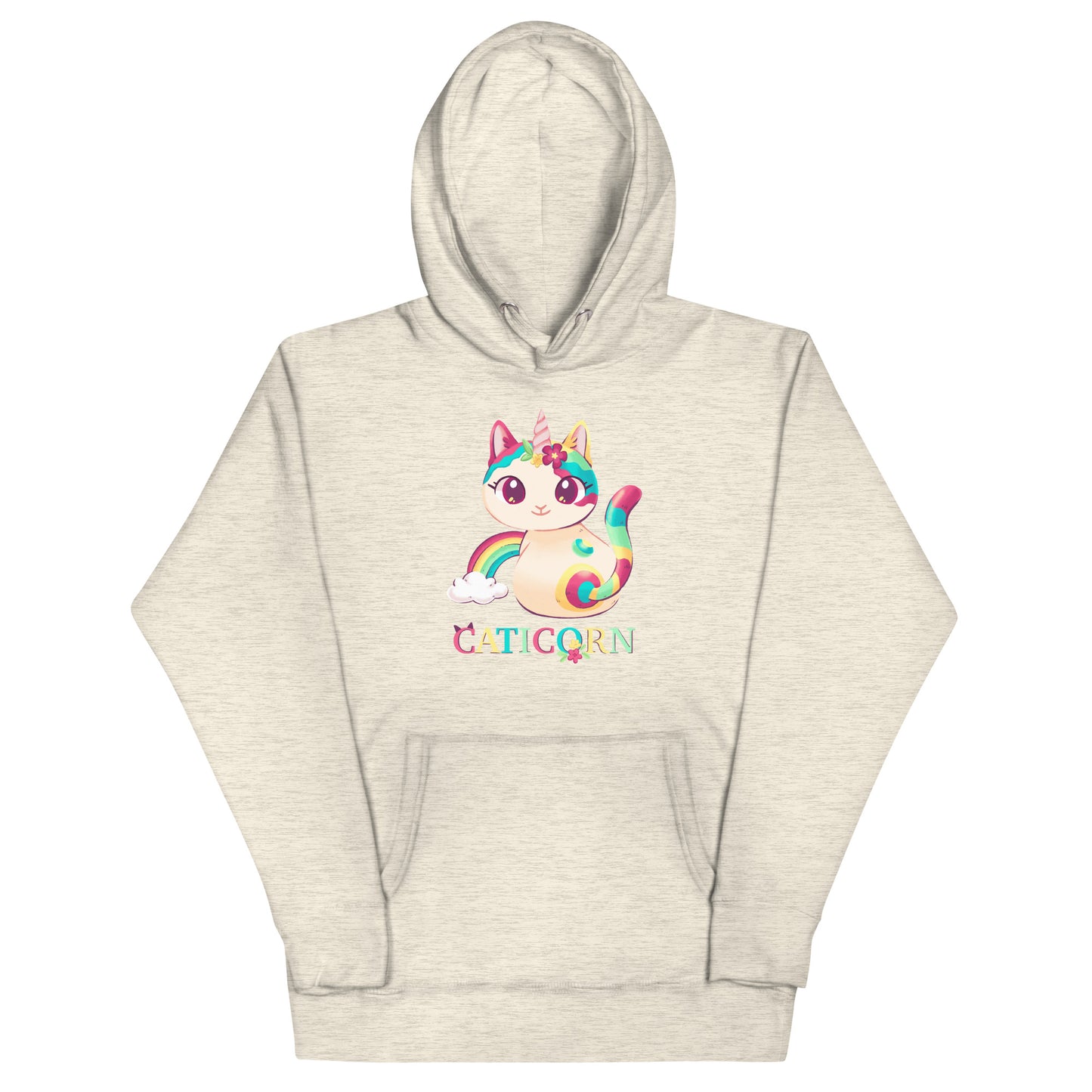 Beige heathered hoodie with a colorful cat unicorn graphic and 'Caticorn' text 