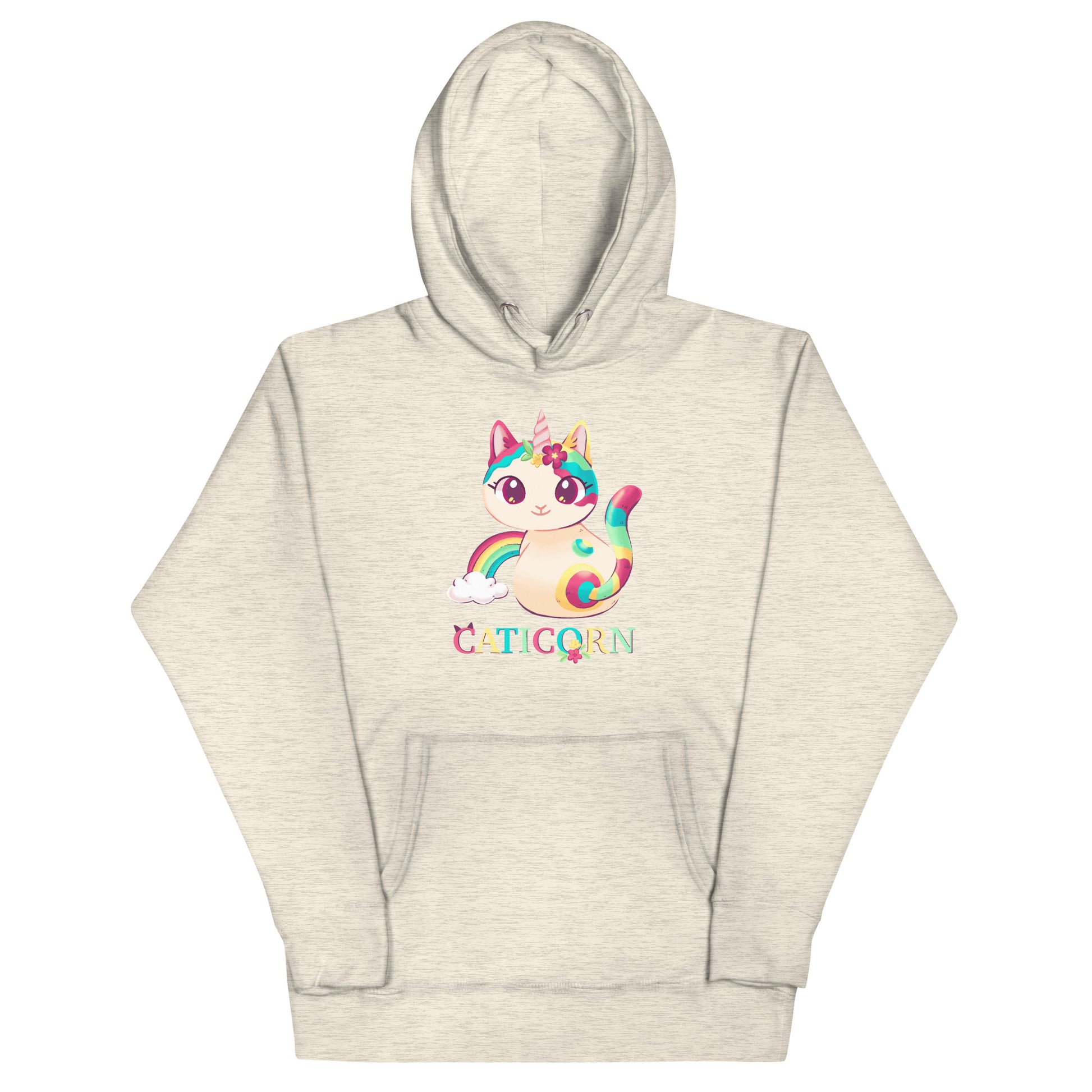 Beige heathered hoodie with a colorful cat unicorn graphic and 'Caticorn' text 