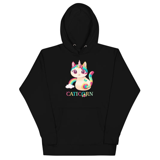 Black hoodie with a colorful cat unicorn graphic and 'Caticorn' text 