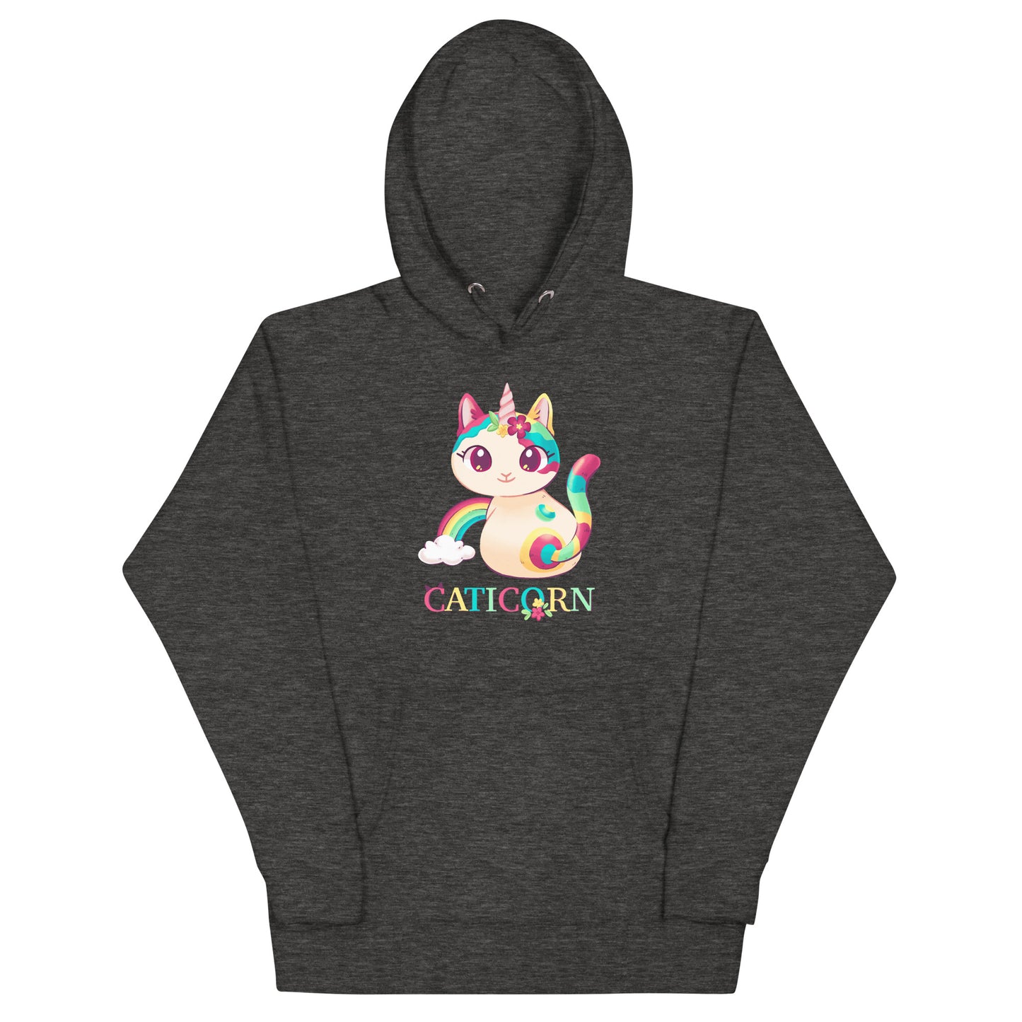 Dark gray heathered hoodie with a colorful cat unicorn graphic and 'Caticorn' text 