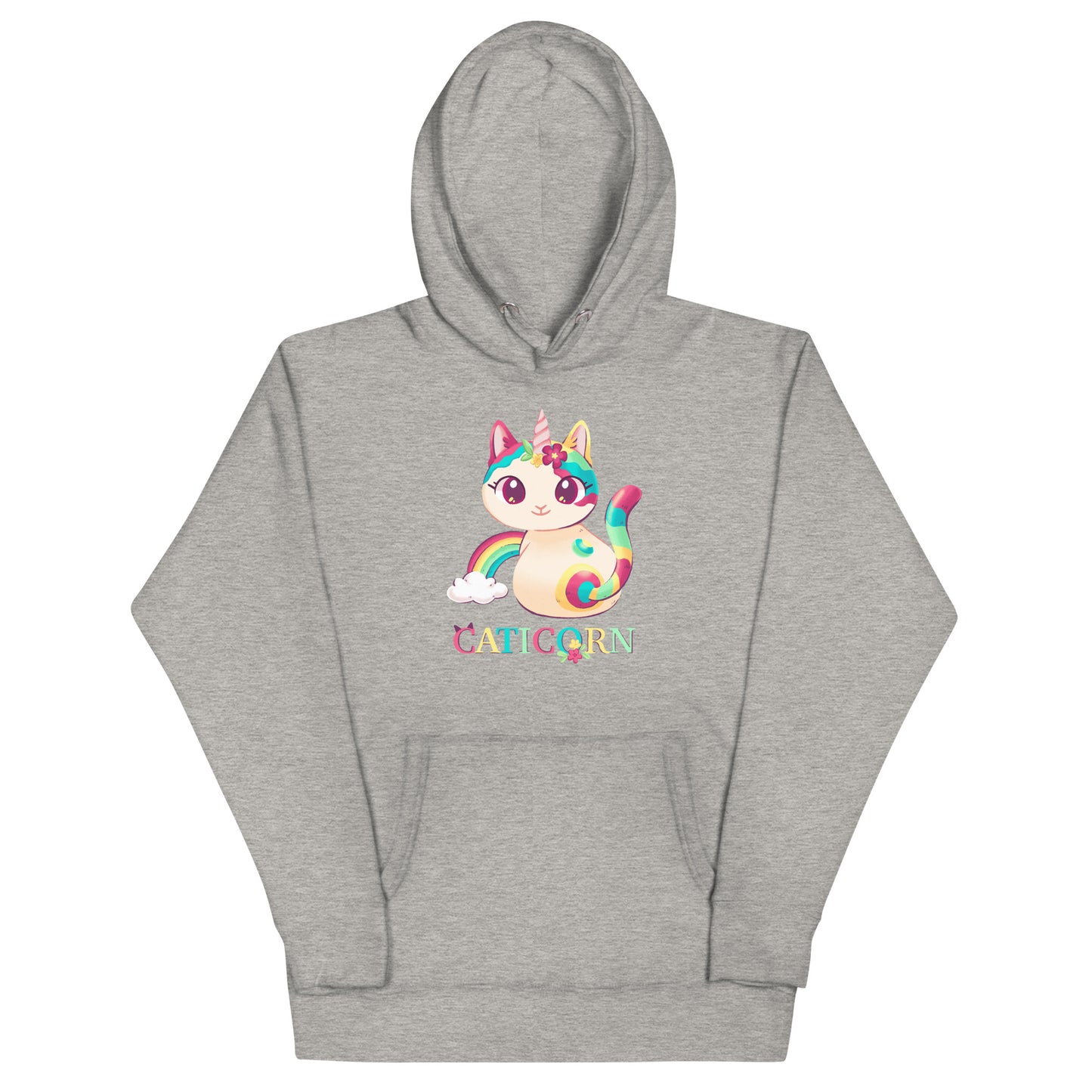 Light gray heathered hoodie with a colorful cat unicorn graphic and 'Caticorn' text 