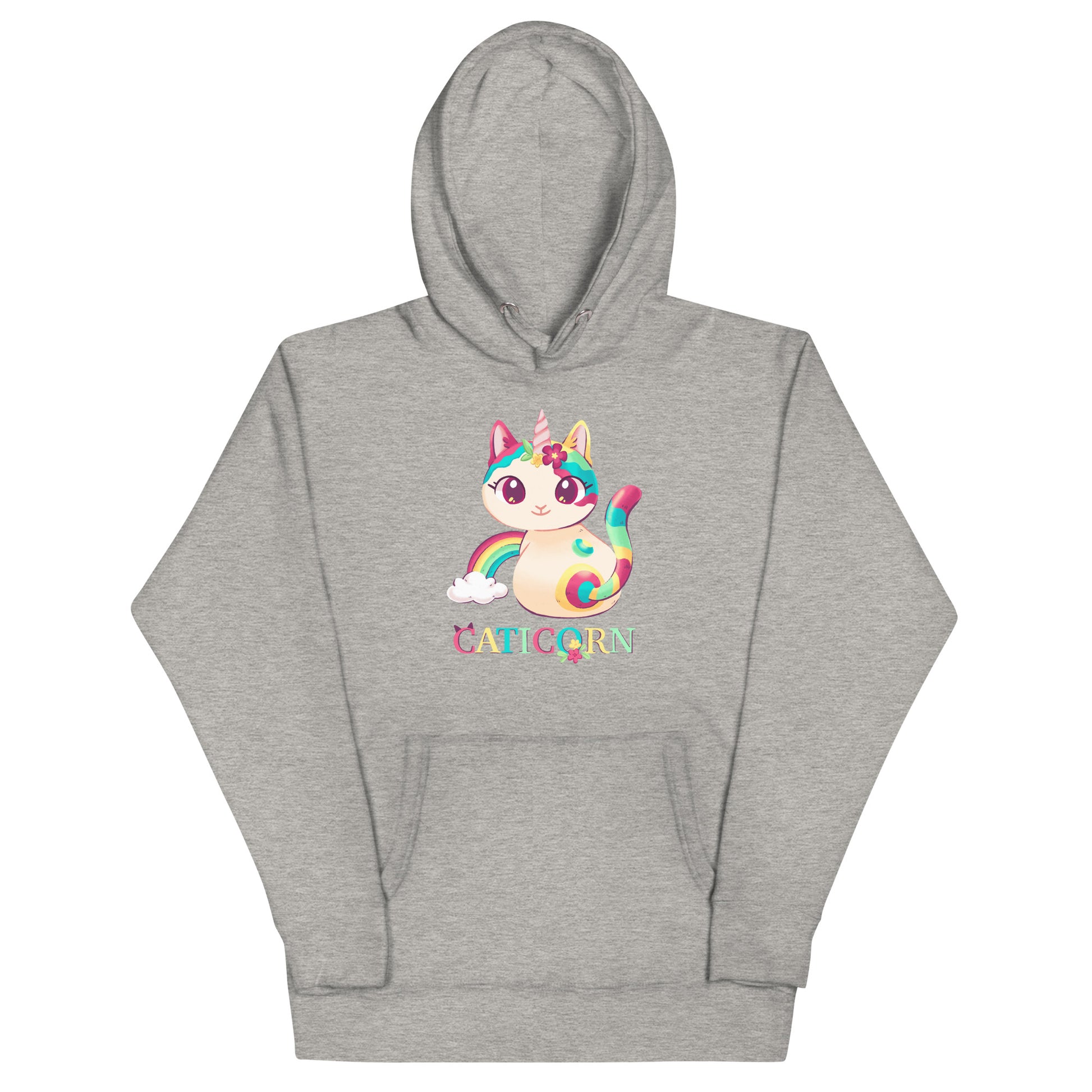 Light gray heathered hoodie with a colorful cat unicorn graphic and 'Caticorn' text 