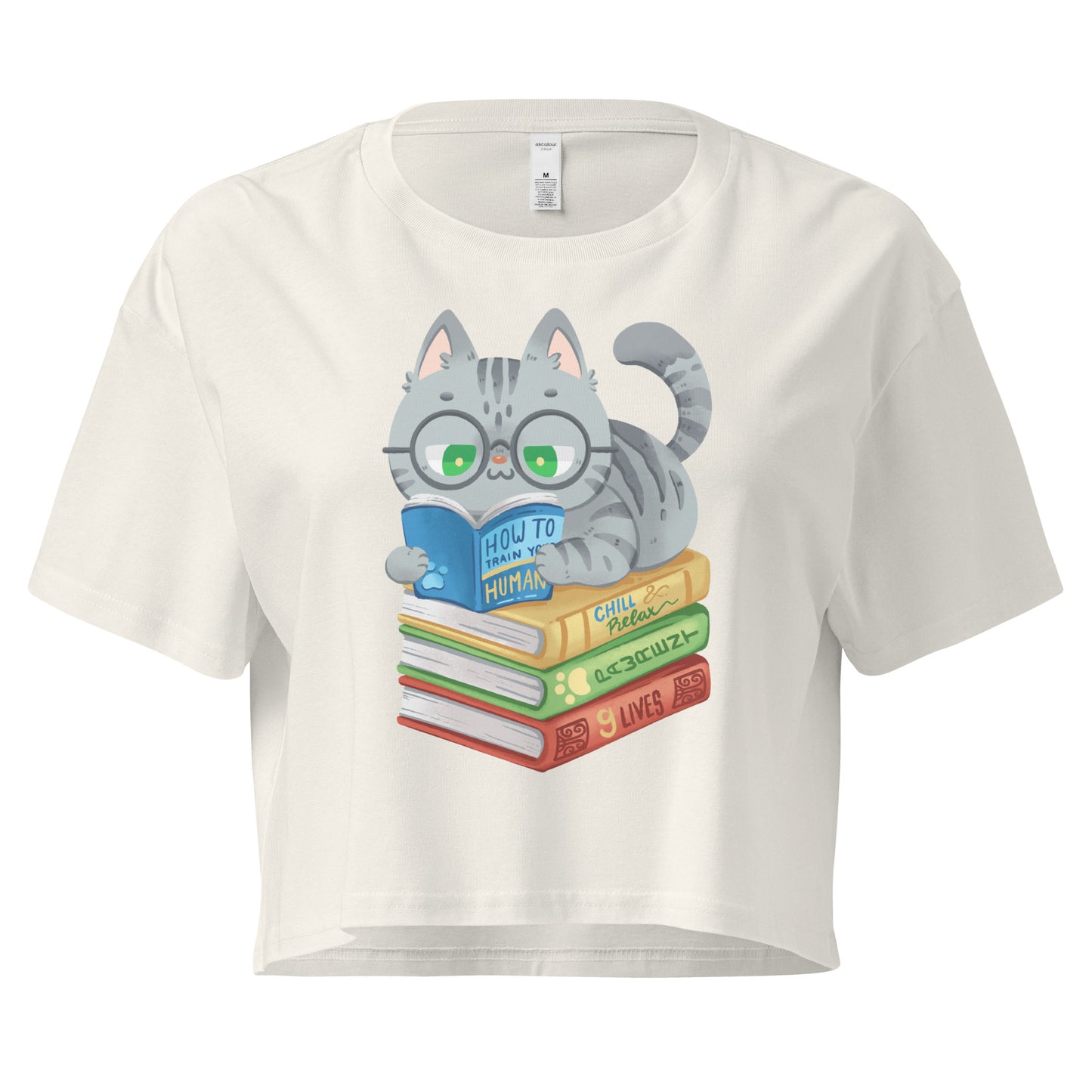 Crop top with cat in glasses reading on top of a pile of books design