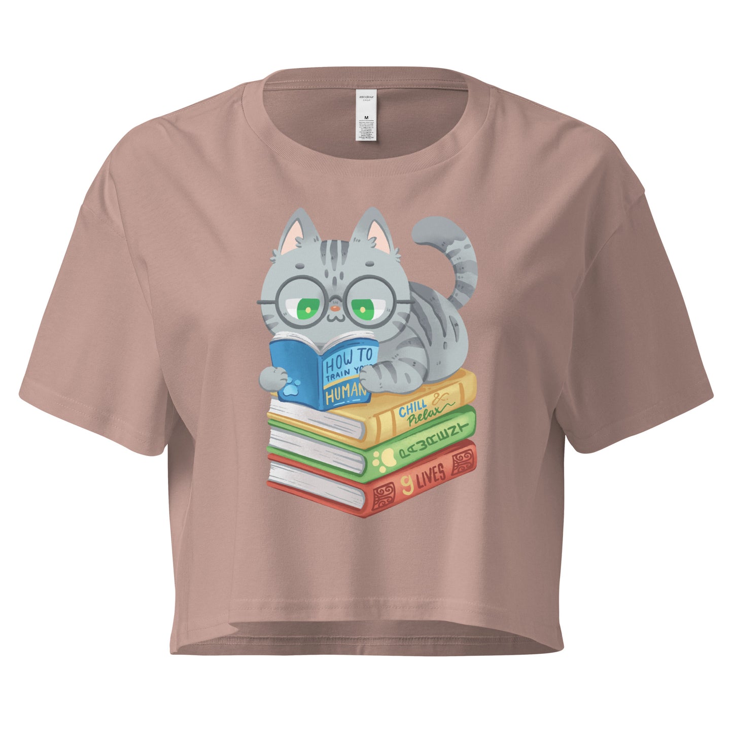 Crop top with cat in glasses reading on top of a pile of books design