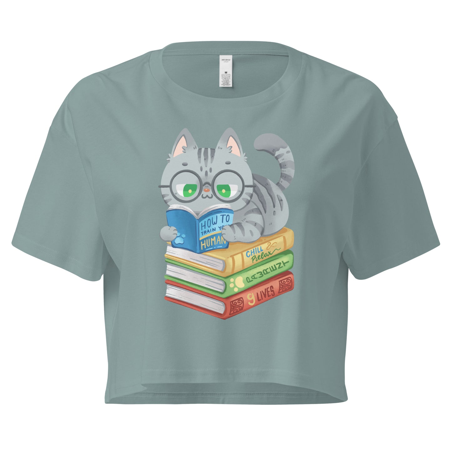 Crop top with cat in glasses reading on top of a pile of books design